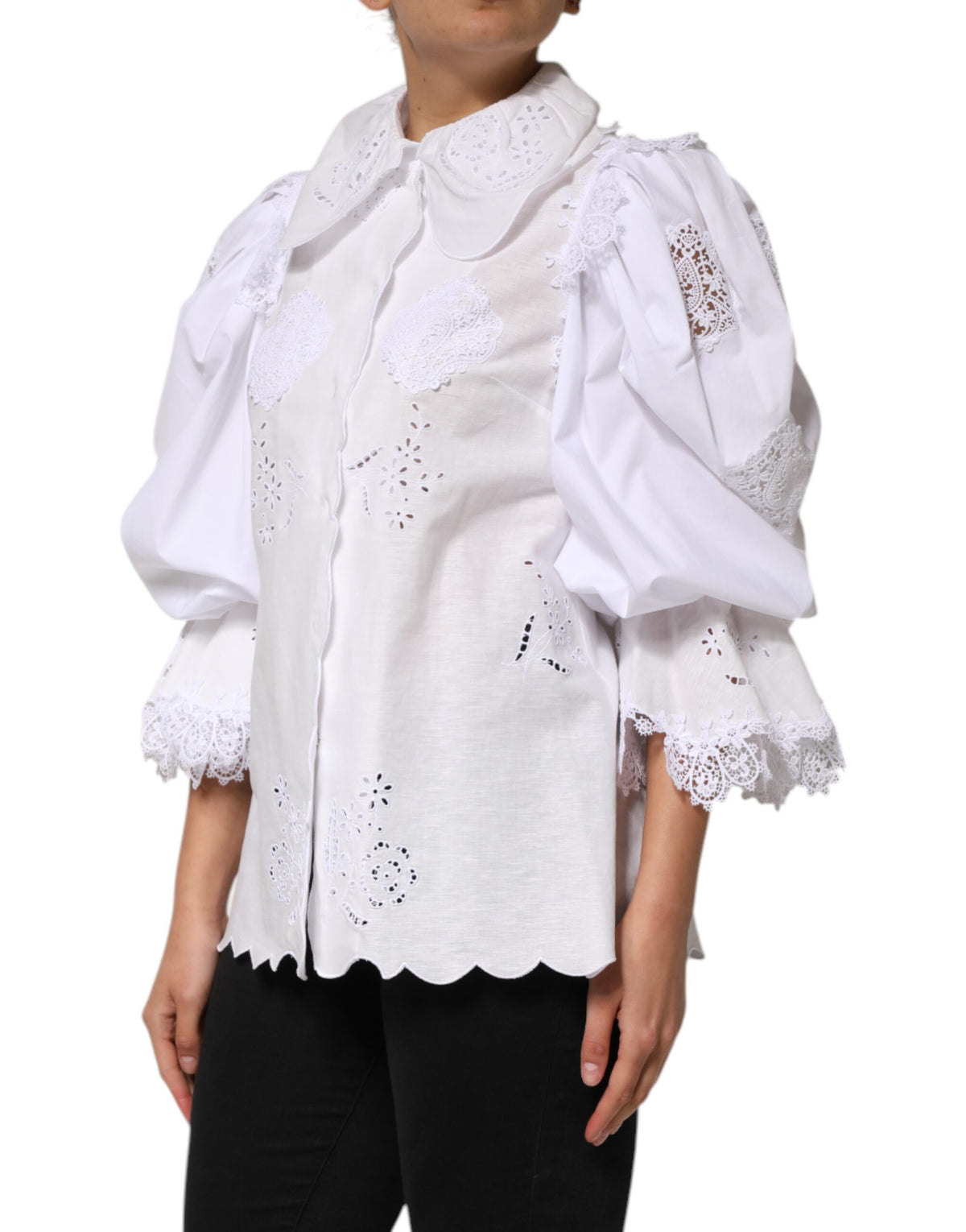 New Dolce & Gabbana White Ruffled Lace Embellished Blouse Top