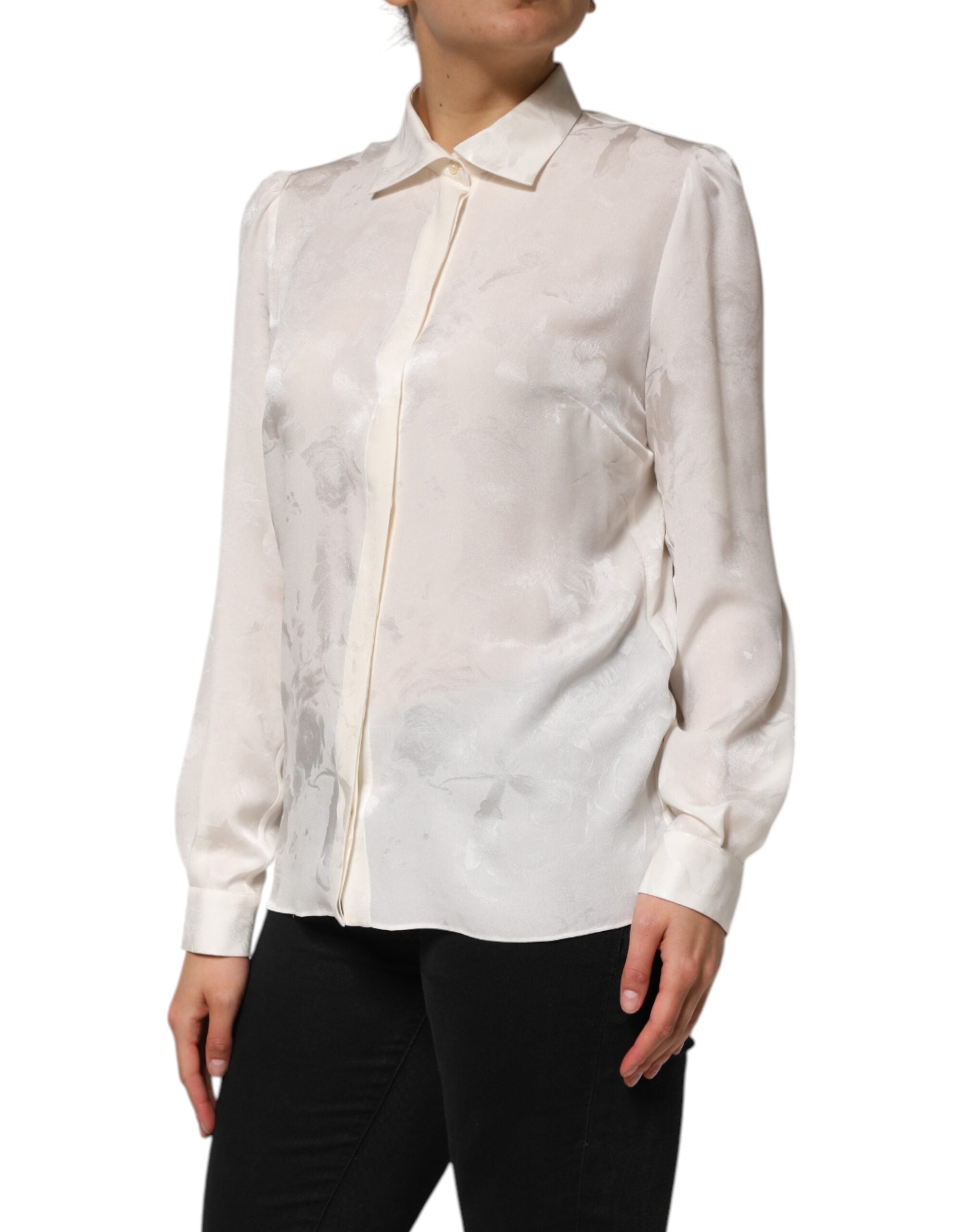 New Dolce & Gabbana White Silk Long Sleeves Collared Shirt Top