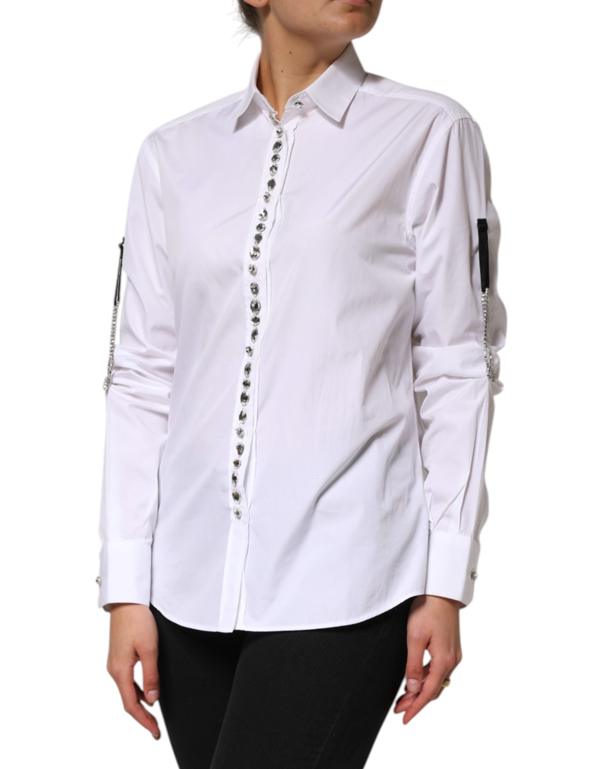 New Dolce & Gabbana White Crystal Embellished Collared Shirt Top