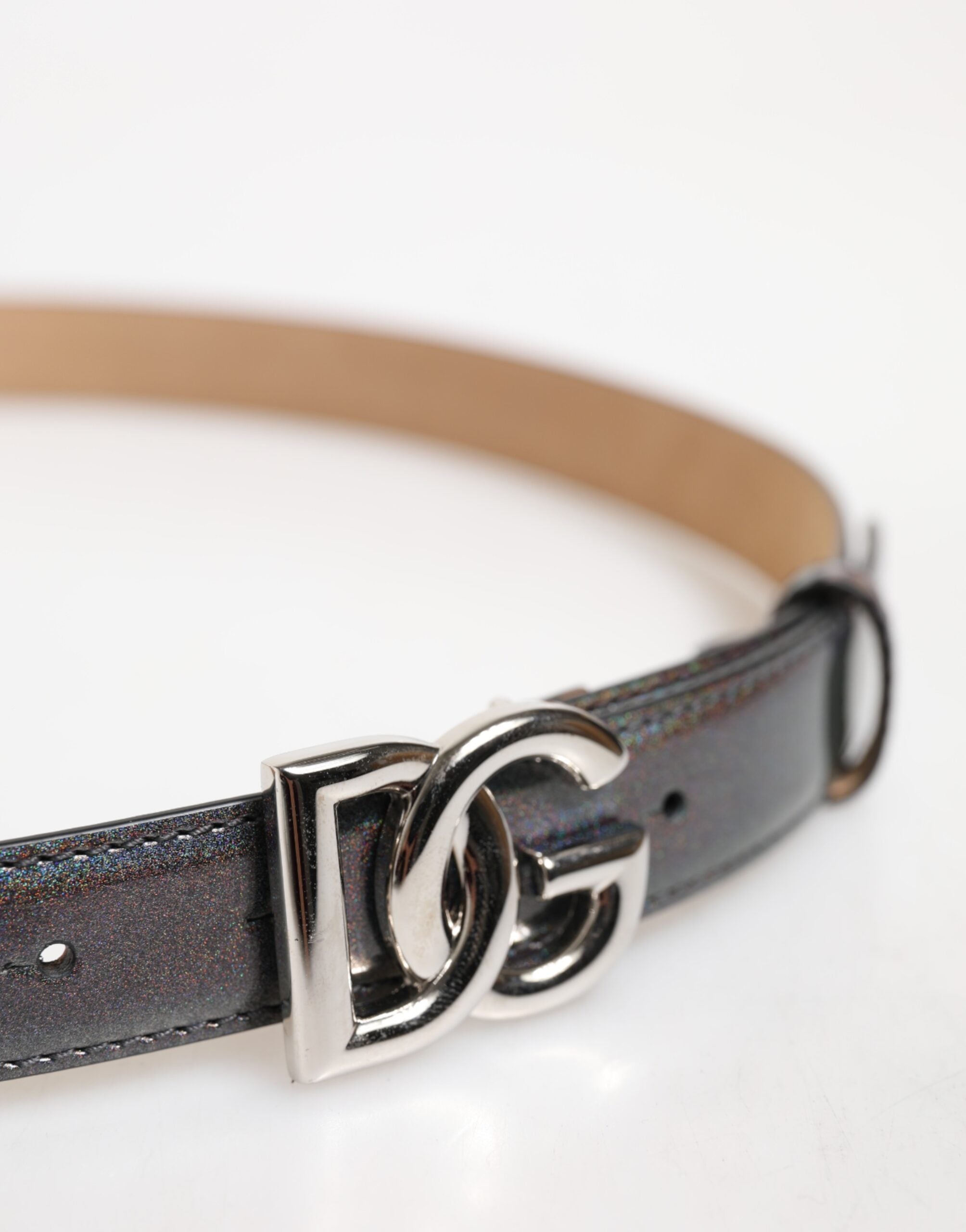 New Dolce & Gabbana Metallic Leather Silver Tone Logo Buckle Belt
