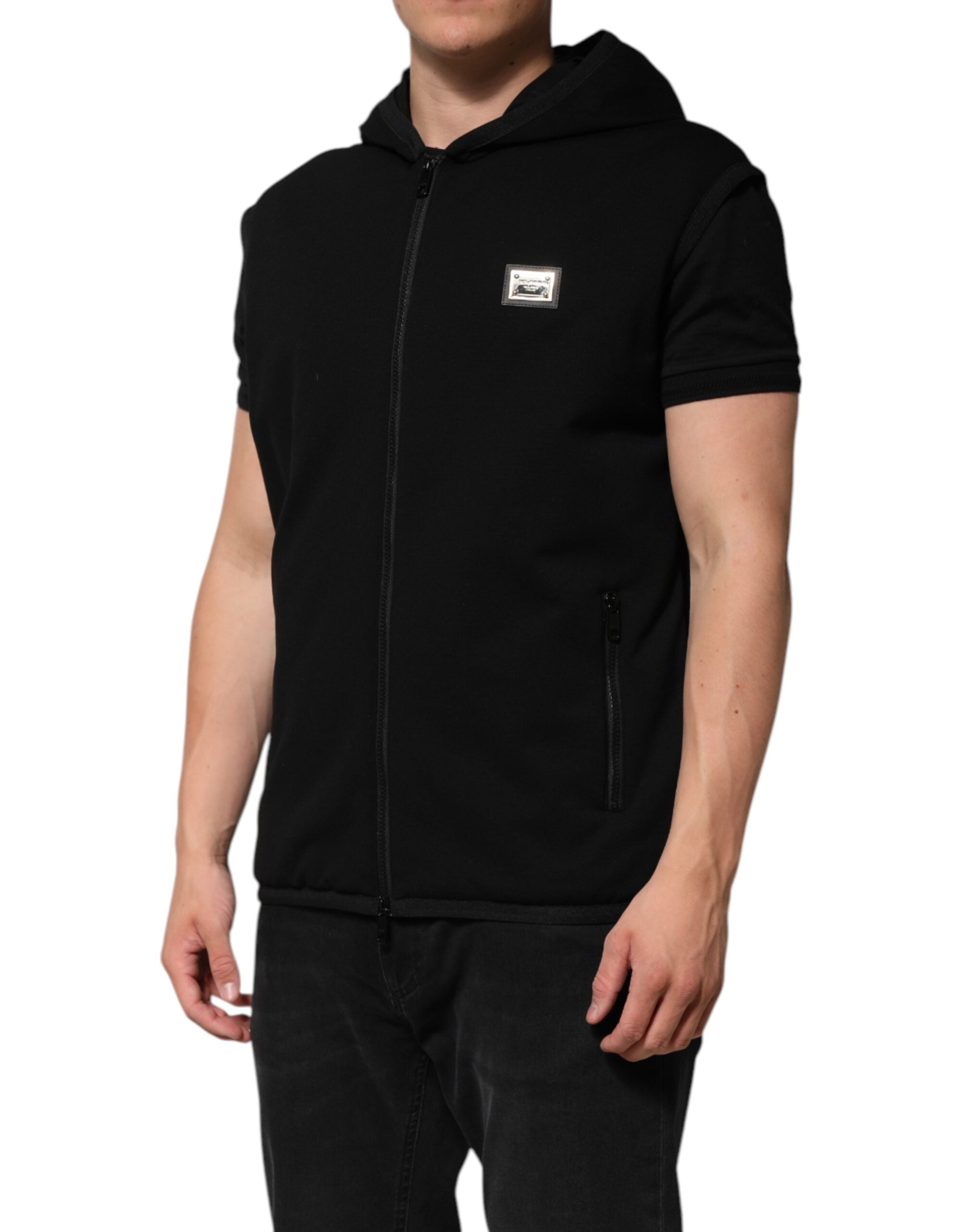 New Dolce & Gabbana Black Sleeveless Hooded Logo Plaque Jacket