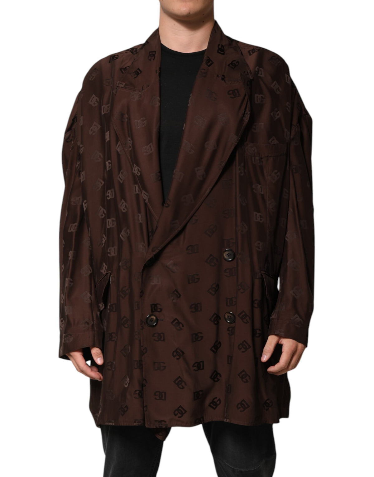 New Dolce & Gabbana Brown Polyester Logo Monogram Coat Jacket