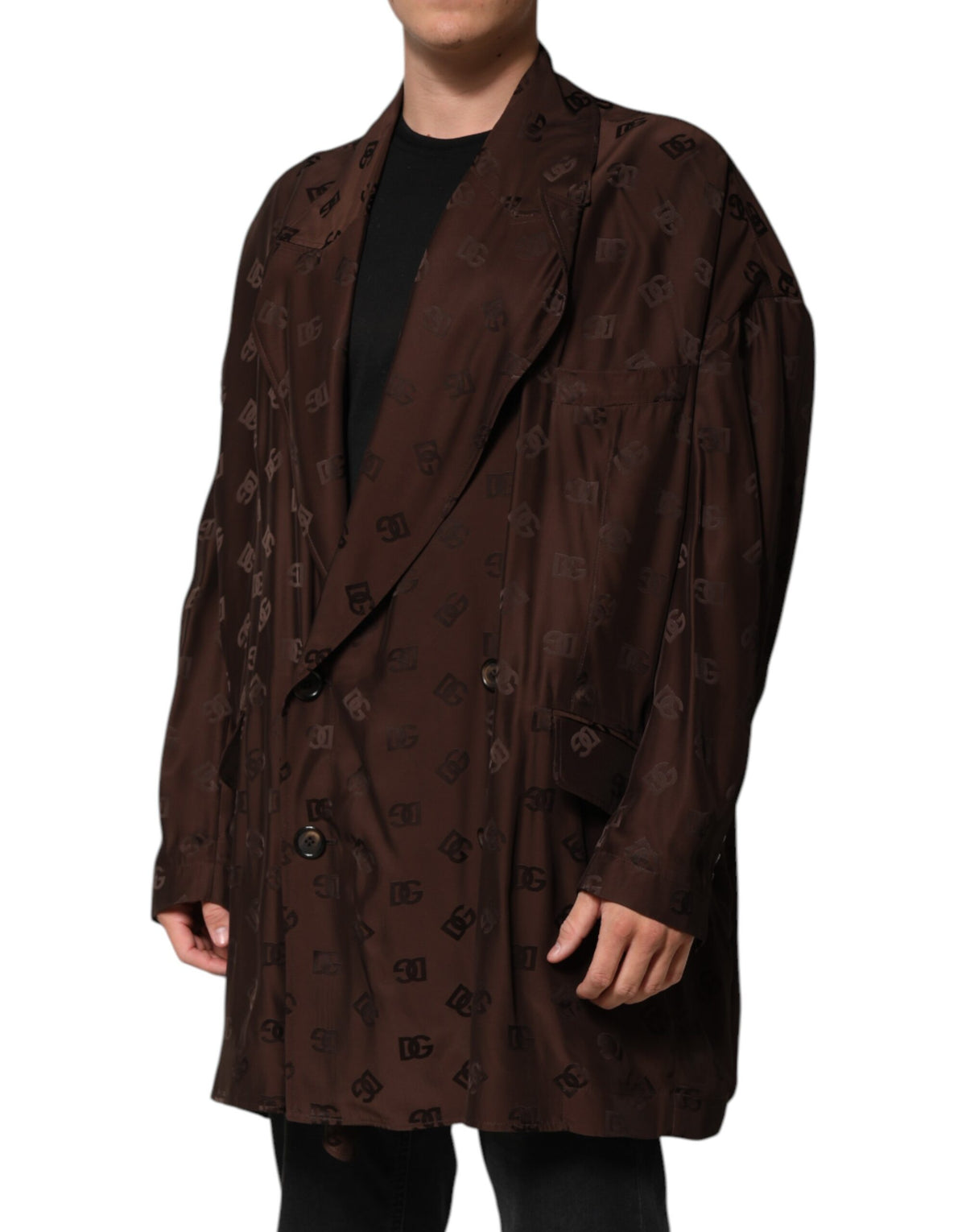 New Dolce & Gabbana Brown Polyester Logo Monogram Coat Jacket