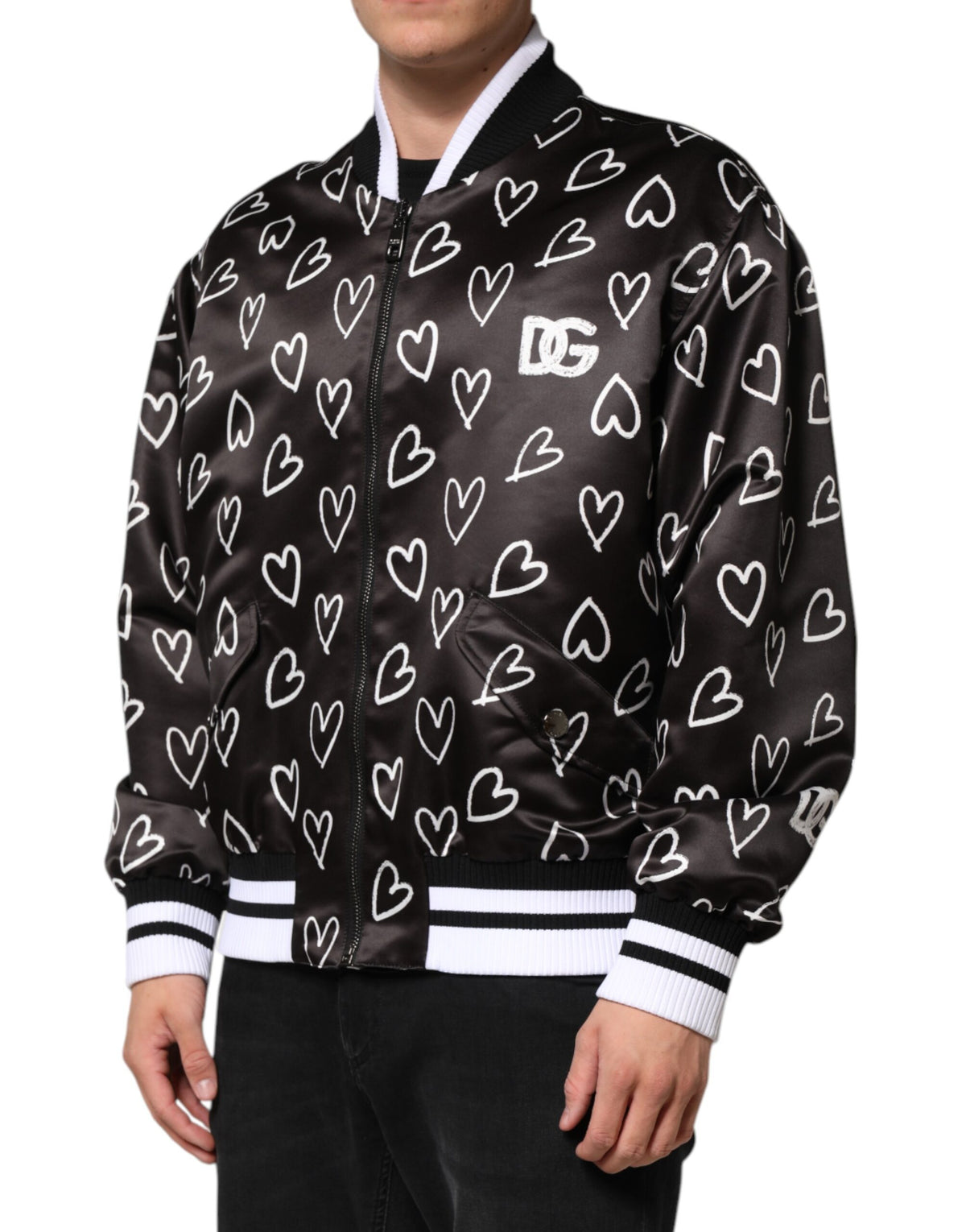 New Dolce & Gabbana Black Polyester Heart Print Bomber Jacket