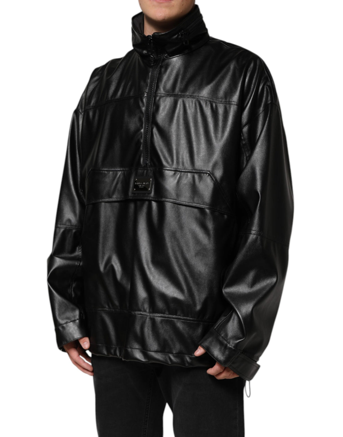 New Dolce & Gabbana Black Polyester Logo Plaque Bomber Jacket
