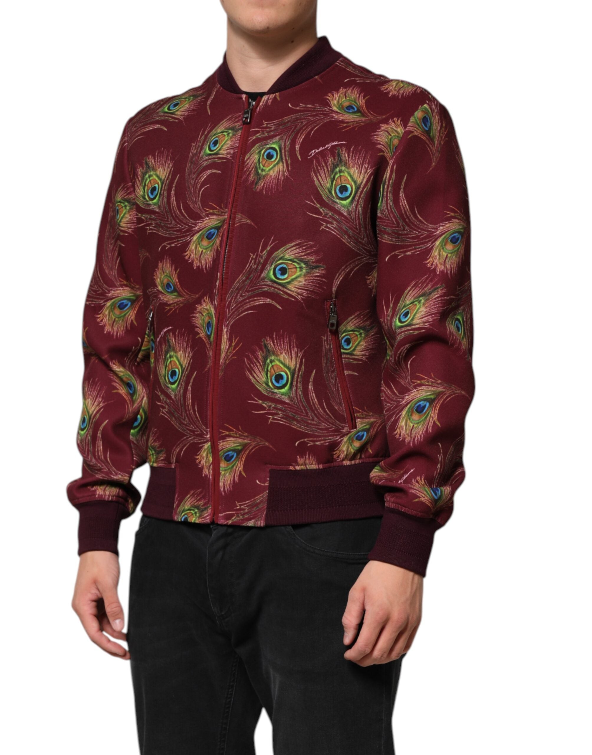 New Dolce & Gabbana Maroon Peacock Feather Print Bomber Jacket