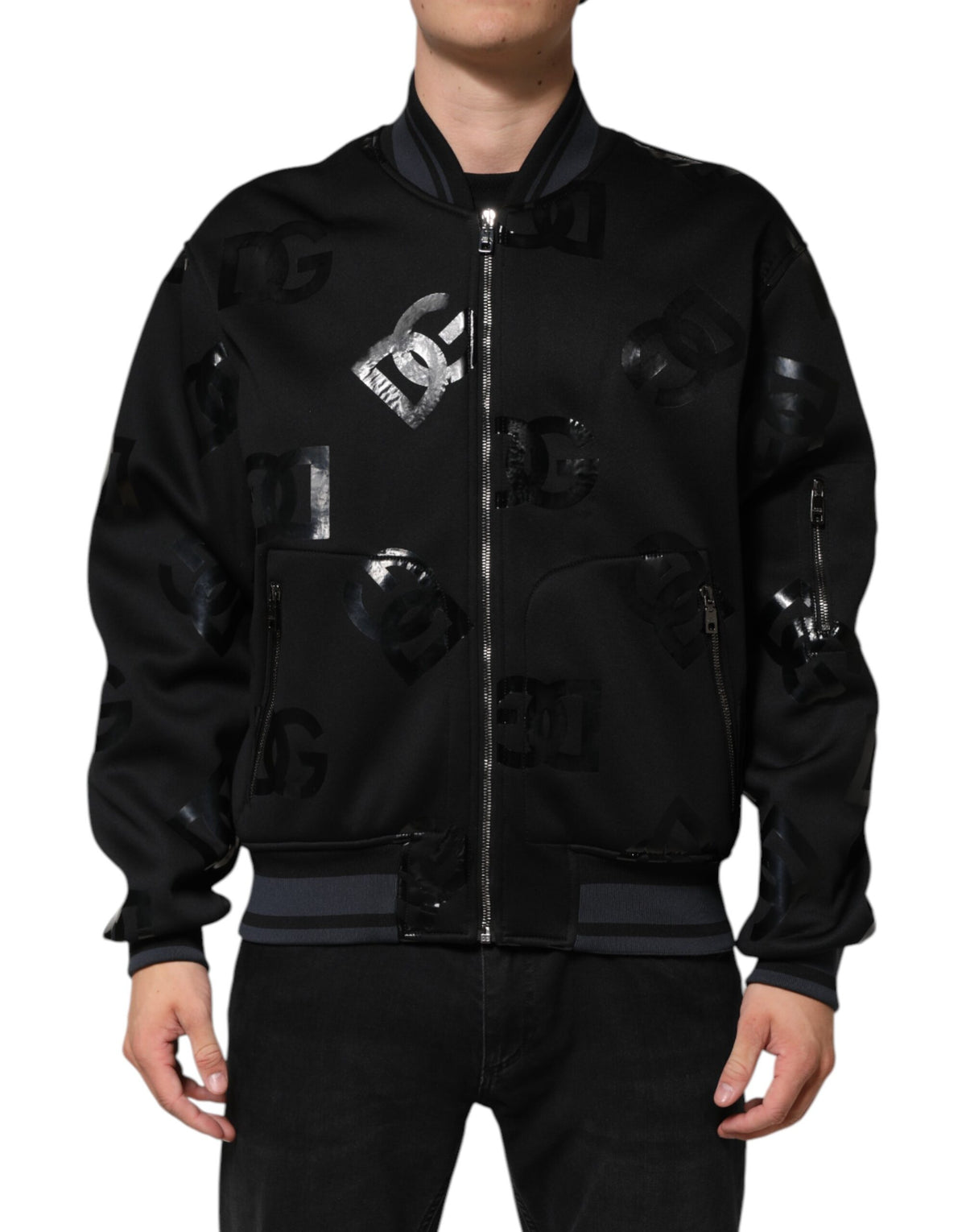 New Dolce & Gabbana Black Wool Logo DG Mania Men Bomber Jacket