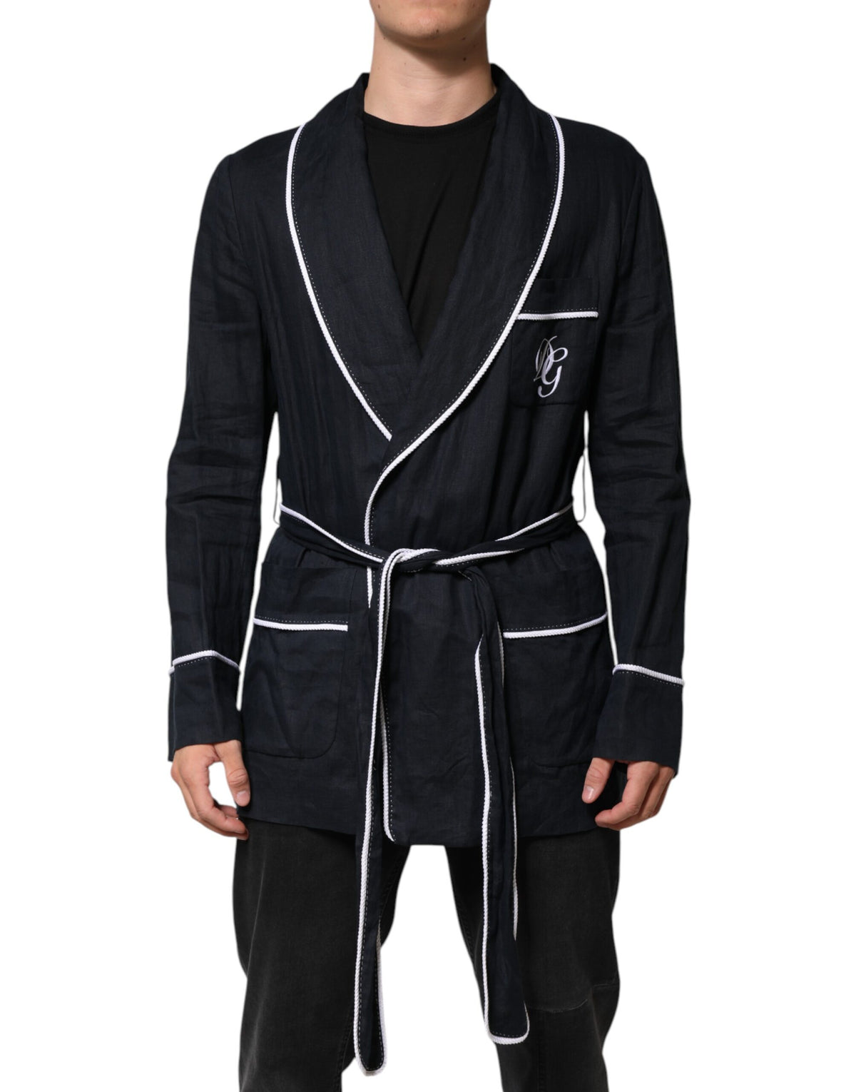 New Dolce & Gabbana Dark Blue DG Embroidery Jacket Robe Blazer
