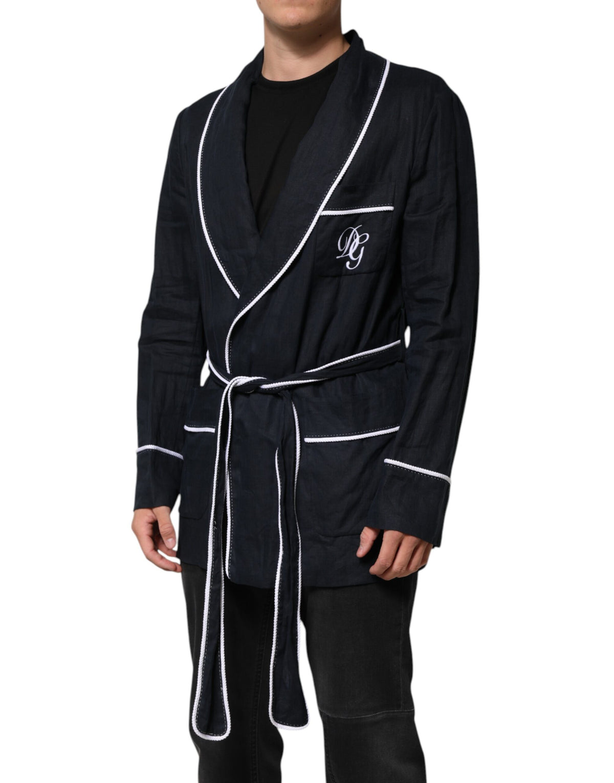 New Dolce & Gabbana Dark Blue DG Embroidery Jacket Robe Blazer