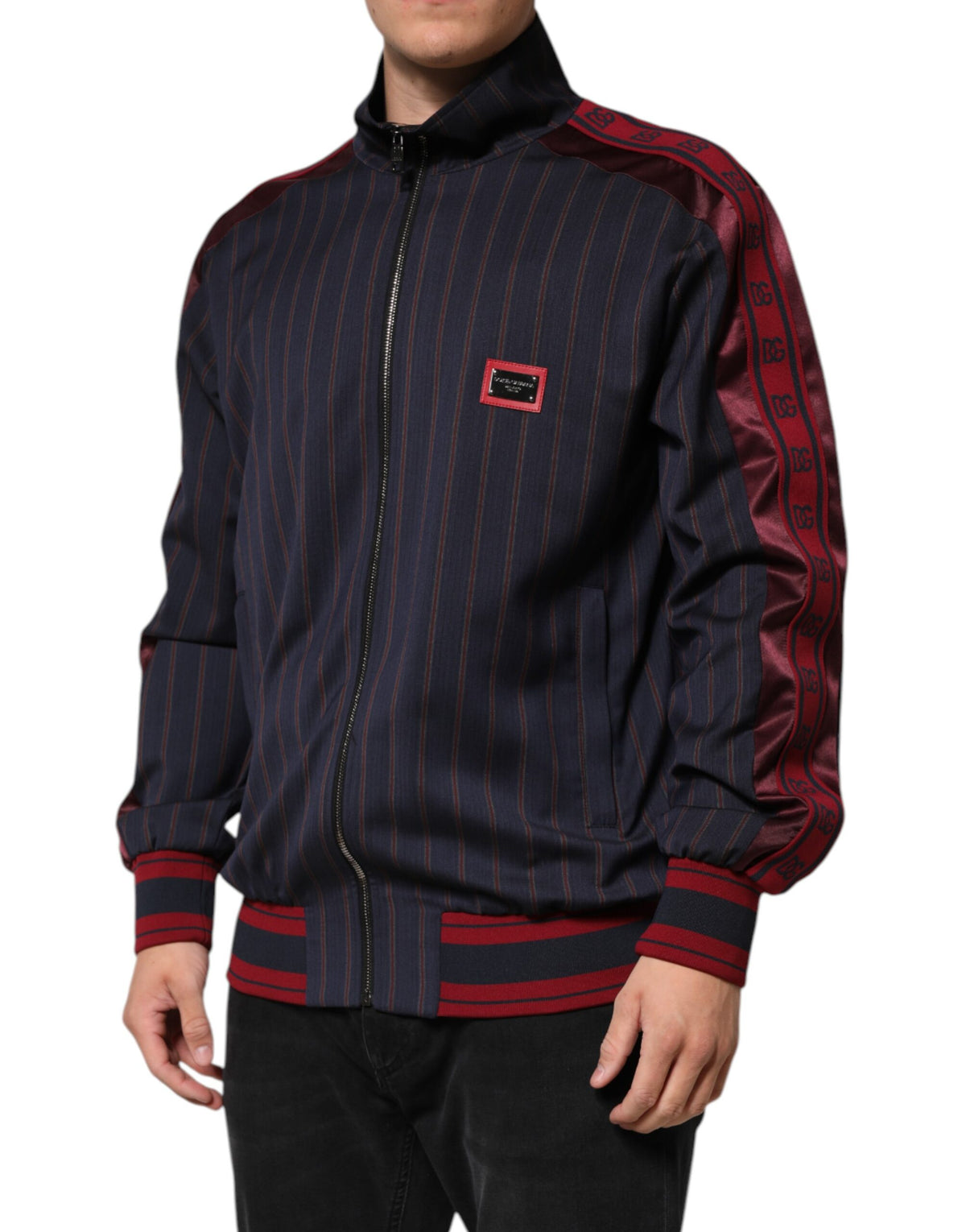 New Dolce & Gabbana Blue Red Striped Logo Plaque Full Zip Jacket