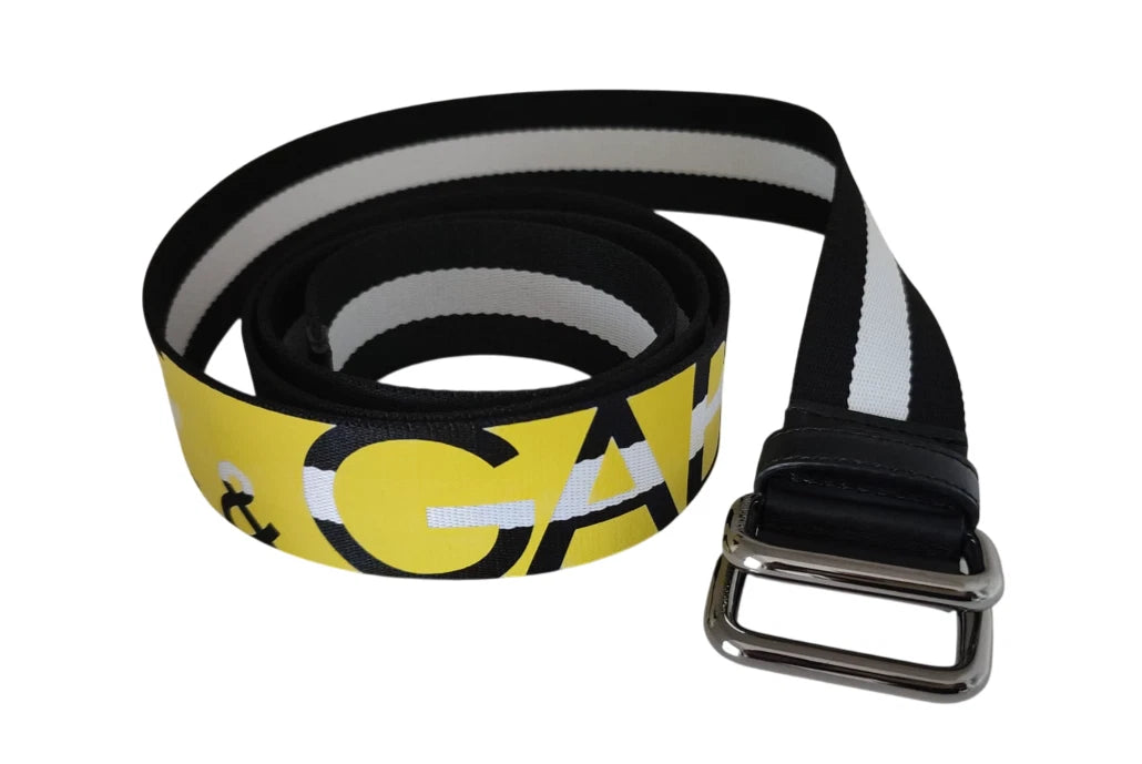 New Dolce & Gabbana Black Yellow Logo Striped Metal Buckle Belt