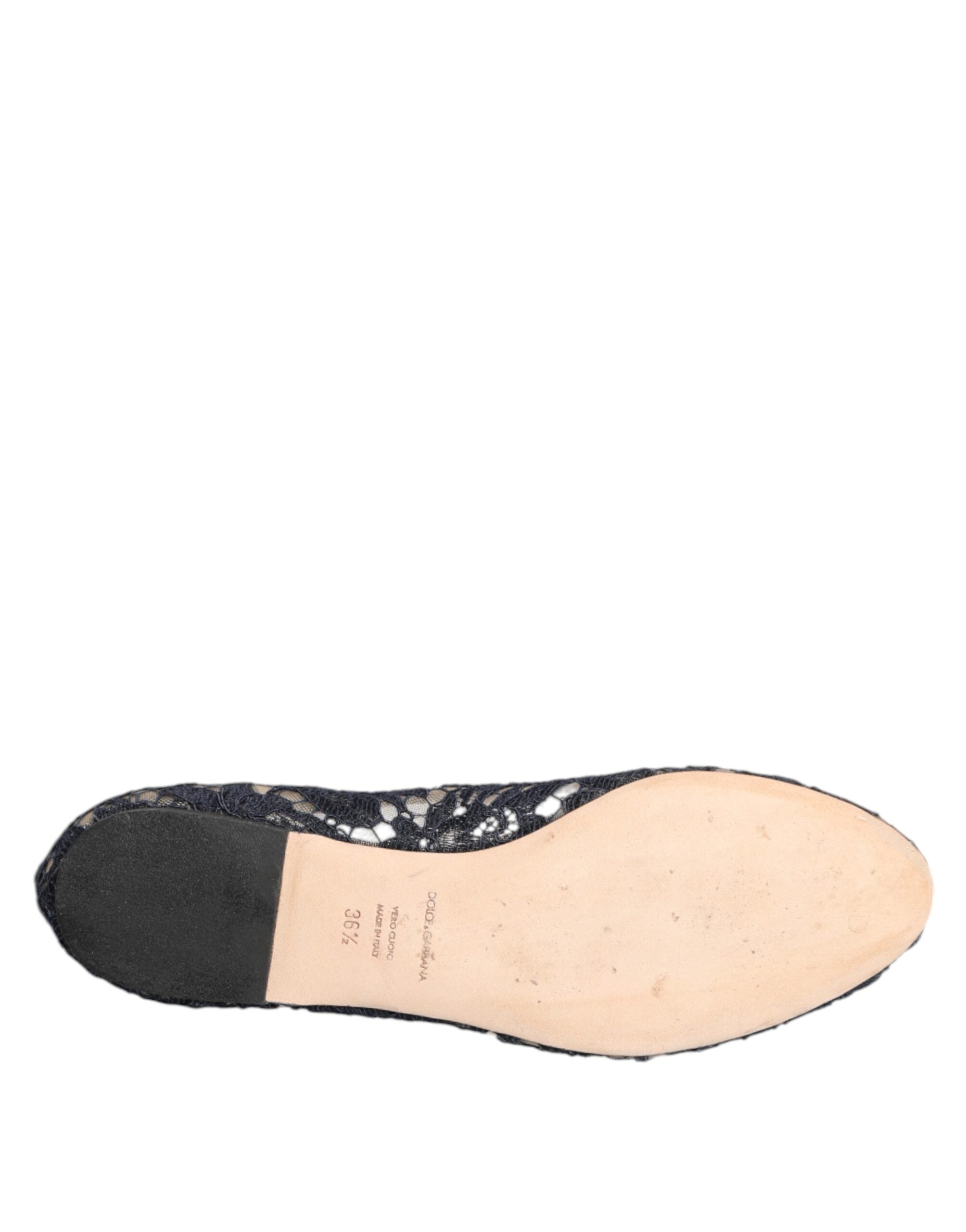 Dolce & Gabbana Blue Taormina Lace Crystals Flats Shoes