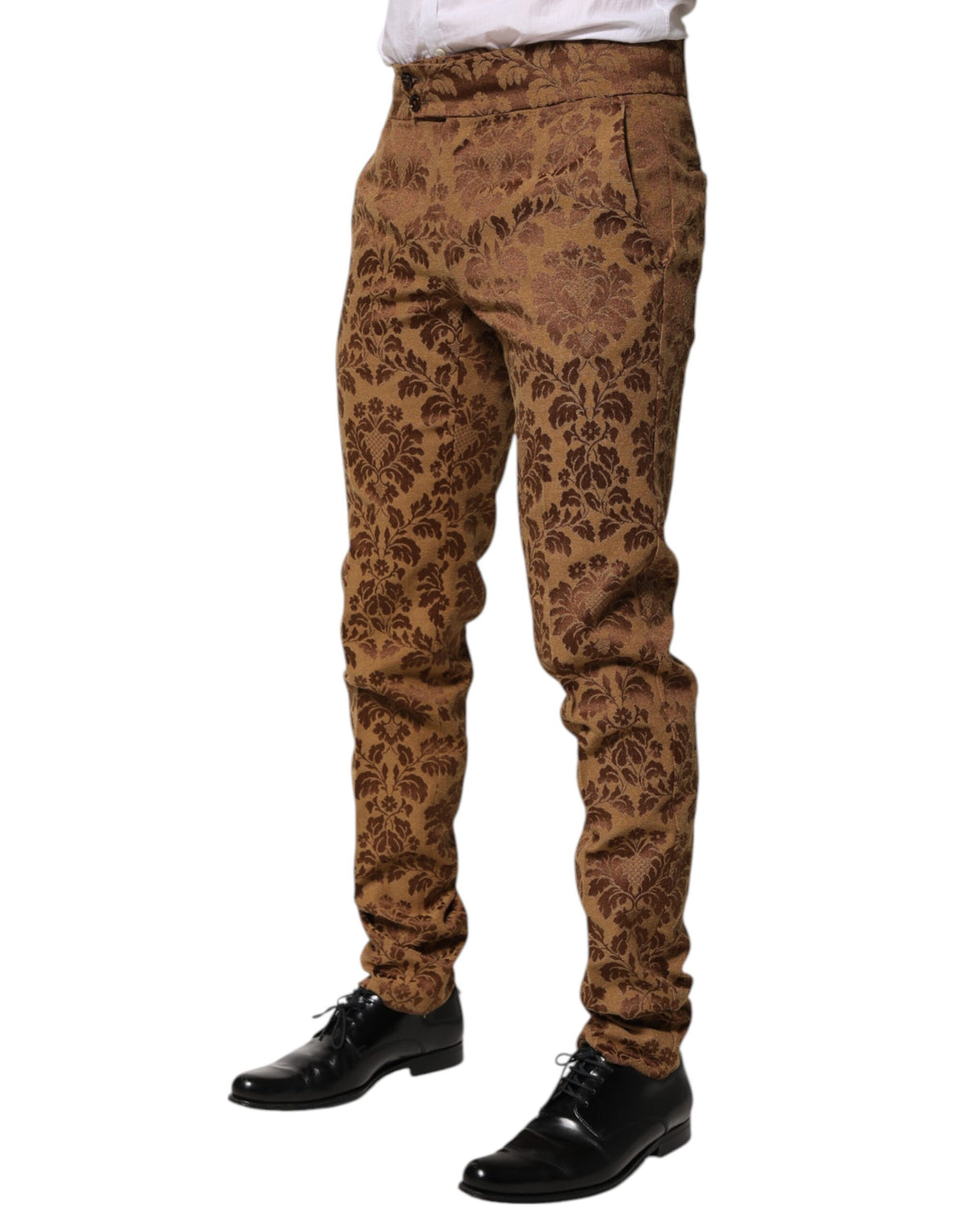 New Dolce & Gabbana Brown Floral Jacquard Men Skinny Trouser Pants