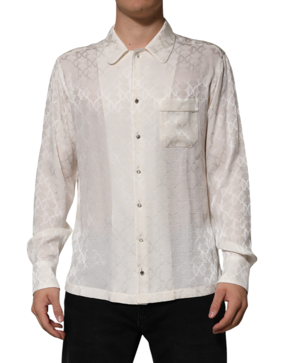 New Dolce & Gabbana White Silk DG Logo Print Long Sleeves Shirt