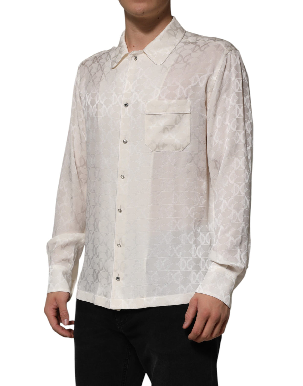 New Dolce & Gabbana White Silk DG Logo Print Long Sleeves Shirt