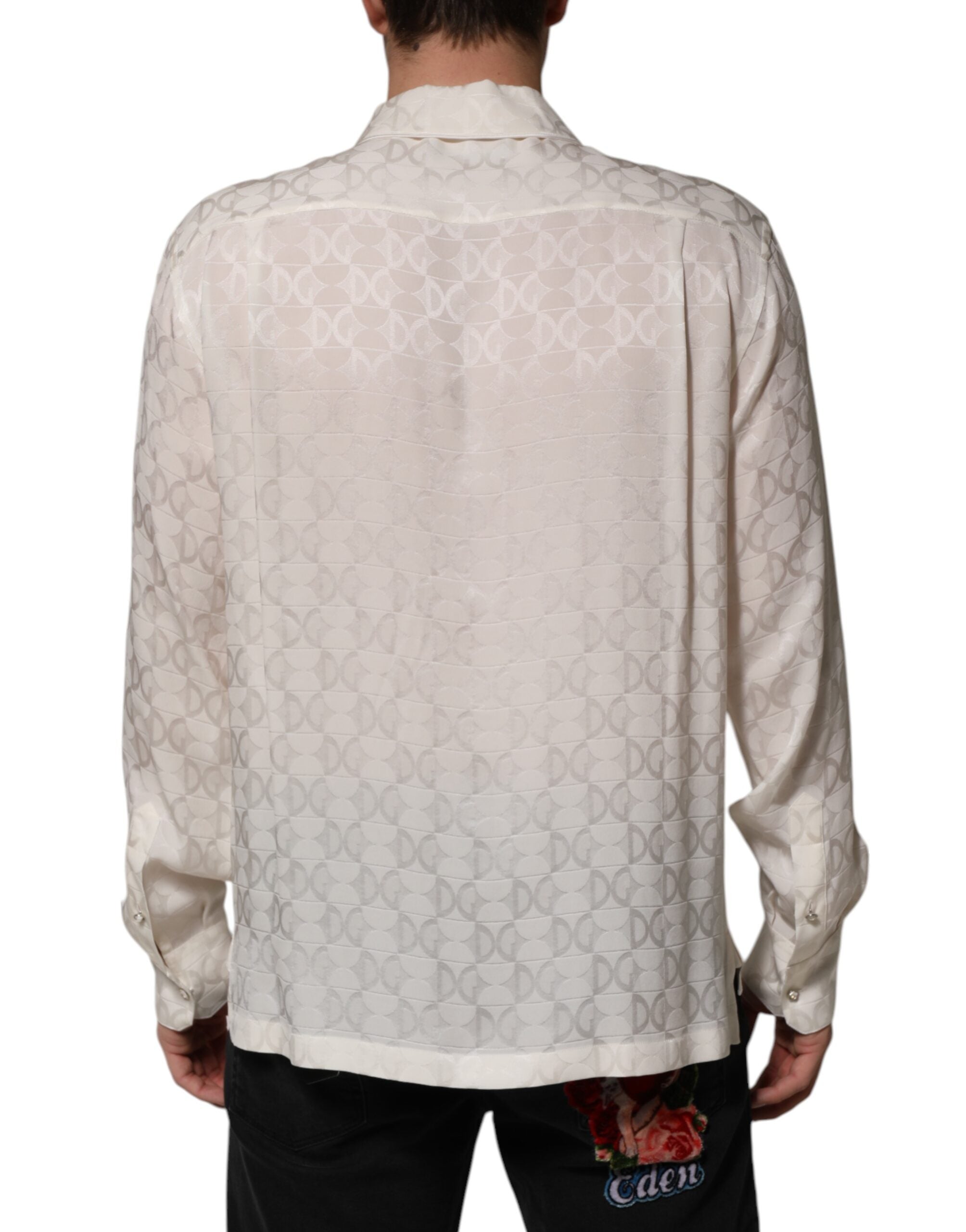 New Dolce & Gabbana White Silk DG Logo Print Long Sleeves Shirt