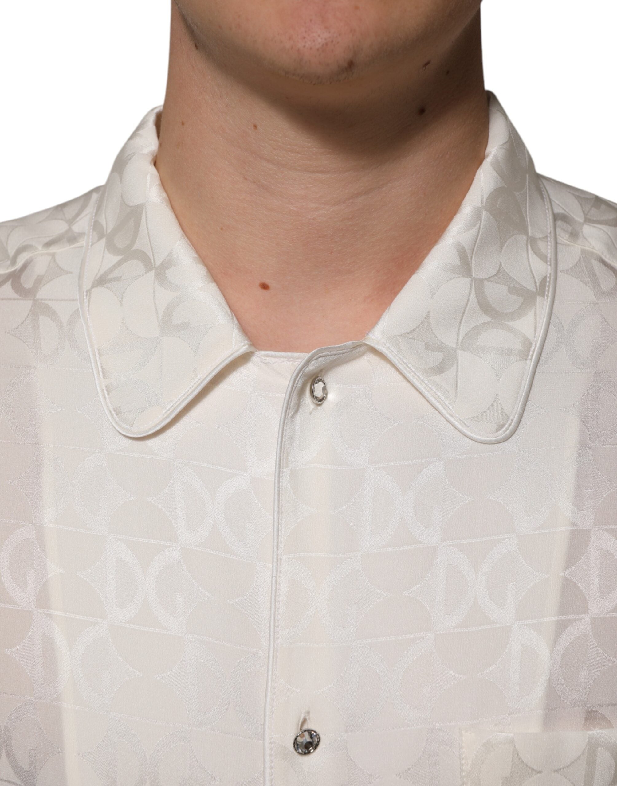 New Dolce & Gabbana White Silk DG Logo Print Long Sleeves Shirt