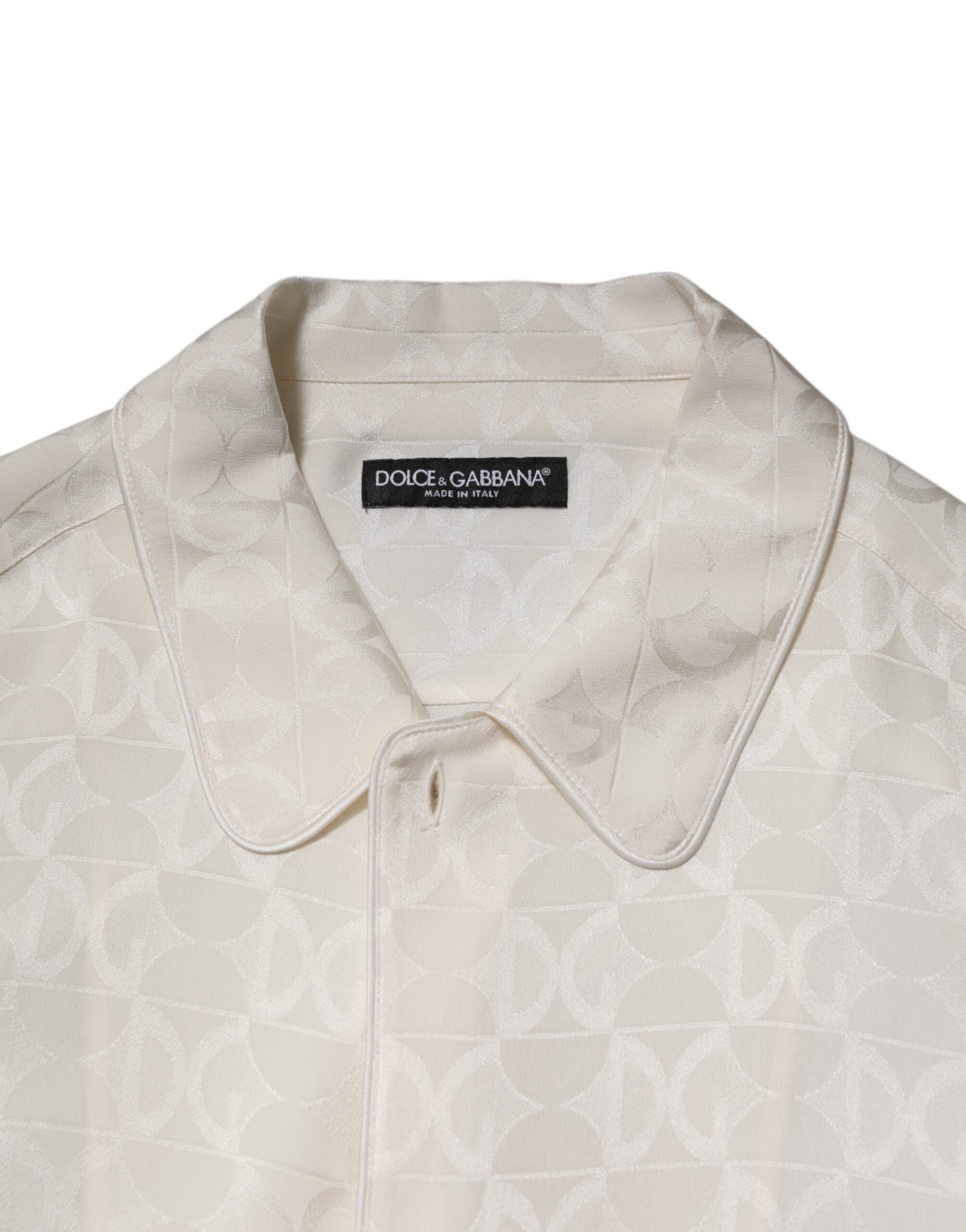 New Dolce & Gabbana White Silk DG Logo Print Long Sleeves Shirt