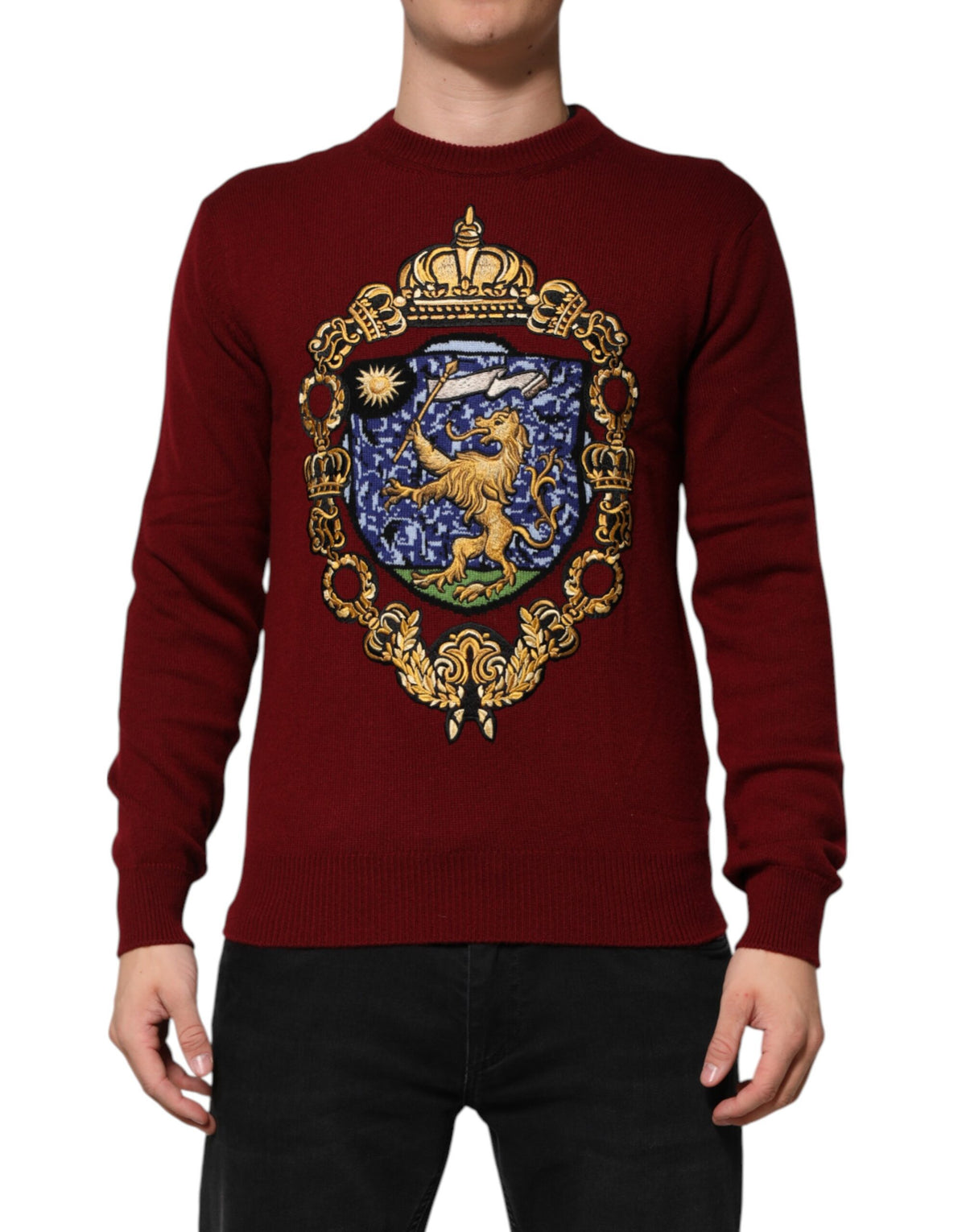 New Dolce & Gabbana Burgundy Cashmere Lion Crest Pullover Sweater