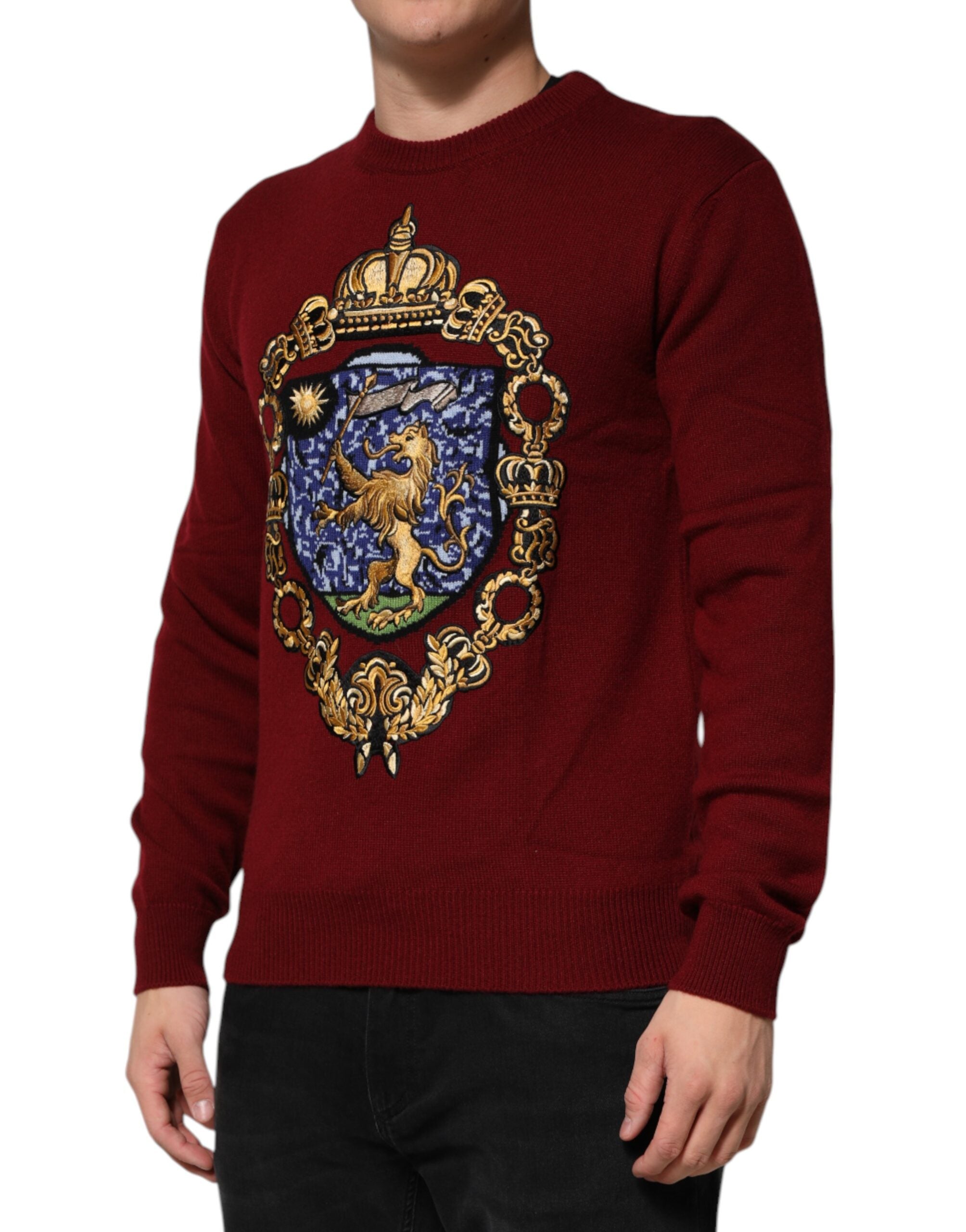 New Dolce & Gabbana Burgundy Cashmere Lion Crest Pullover Sweater