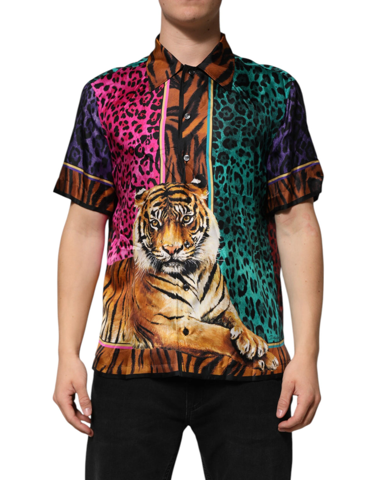 New Dolce & Gabbana Multicolor Silk Tiger Print Hawaiian T-shirt