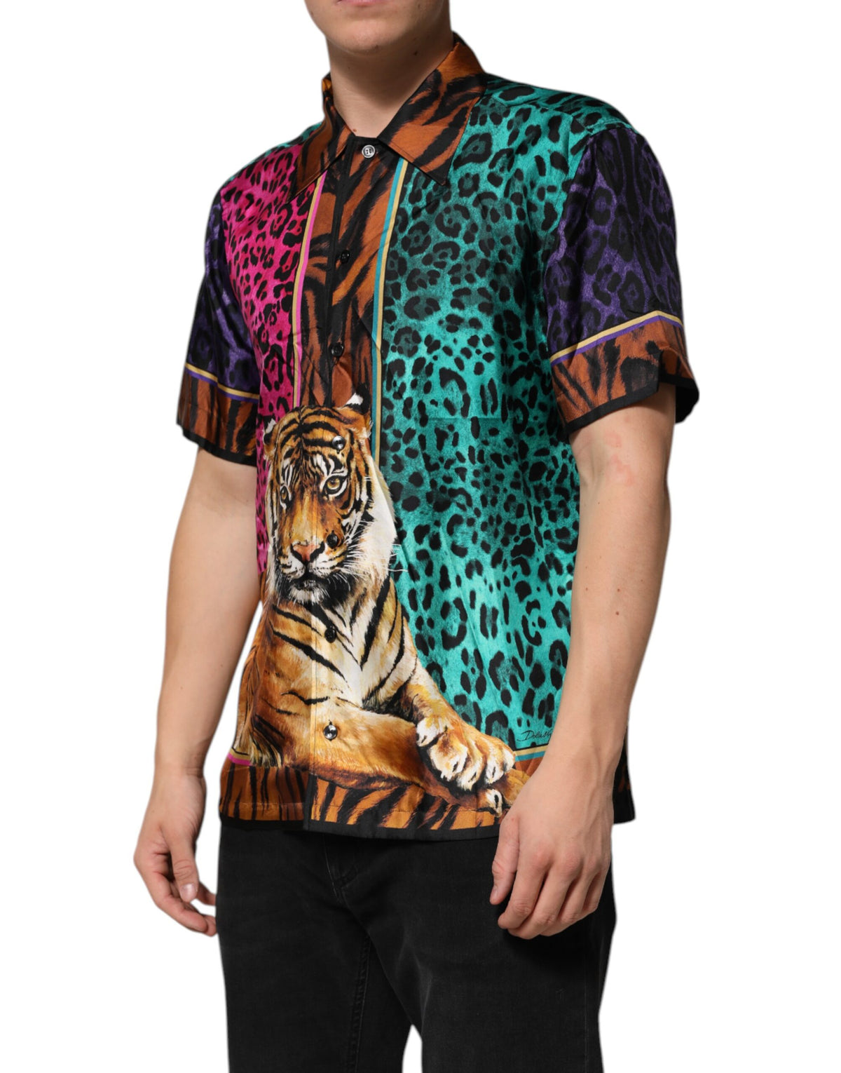 New Dolce & Gabbana Multicolor Silk Tiger Print Hawaiian T-shirt