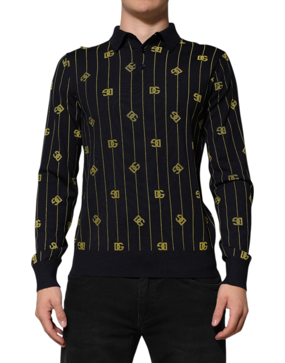 Dolce & Gabbana Black Logo Jacquard Knitted Polo Shirt T-shirt