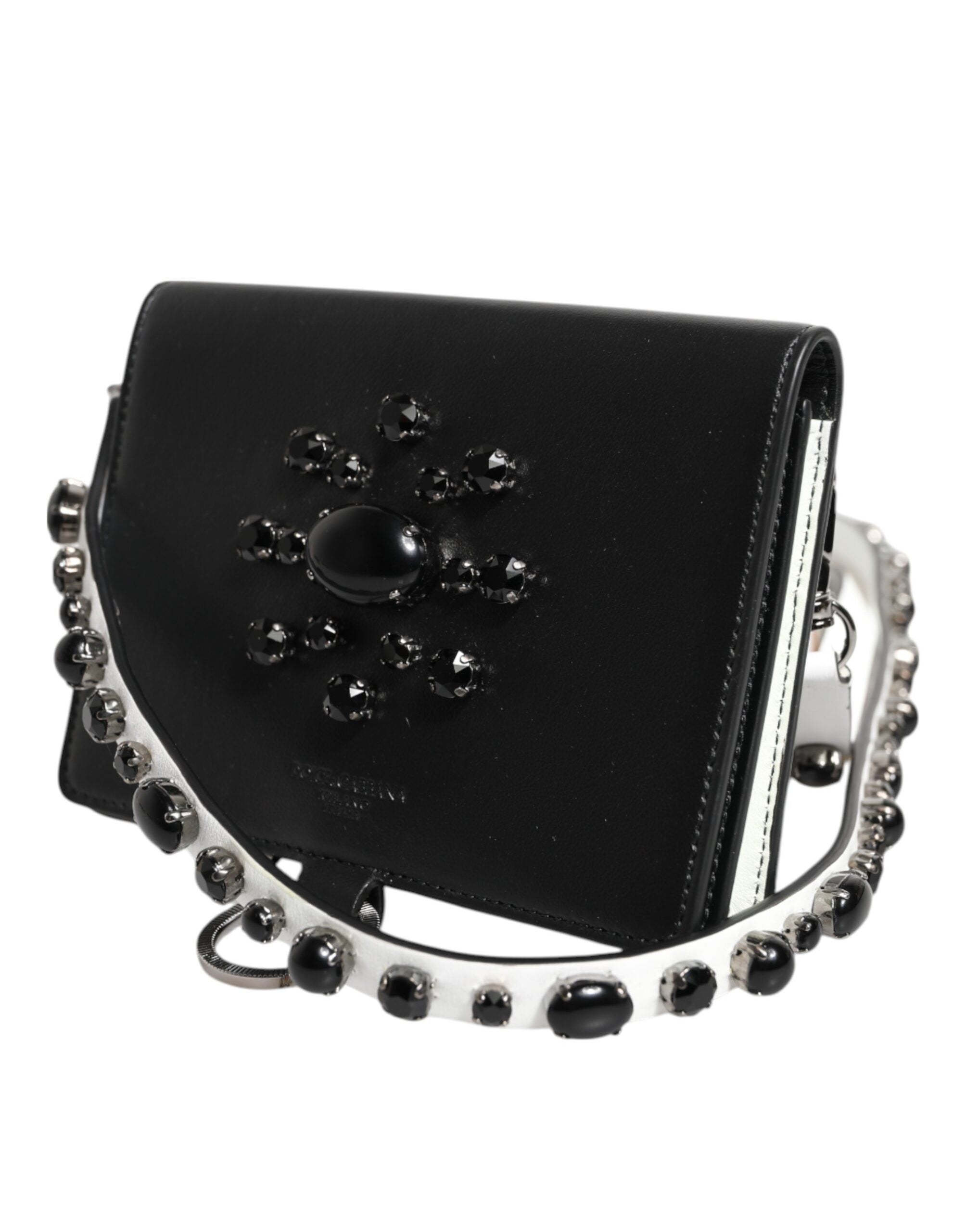 New Dolce & Gabbana Black Leather Crystal Embellished Card Holder Wallet