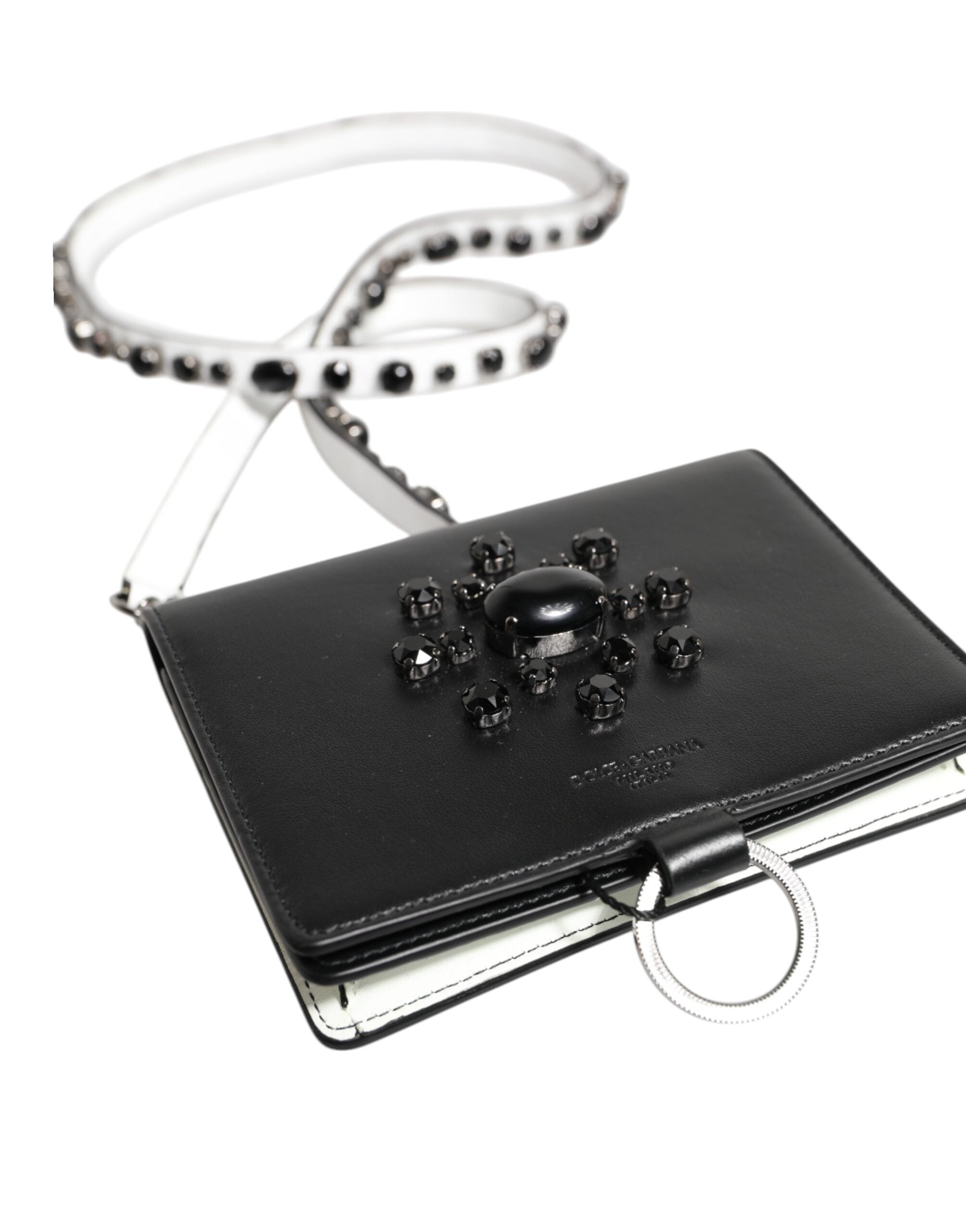 New Dolce & Gabbana Black Leather Crystal Embellished Card Holder Wallet