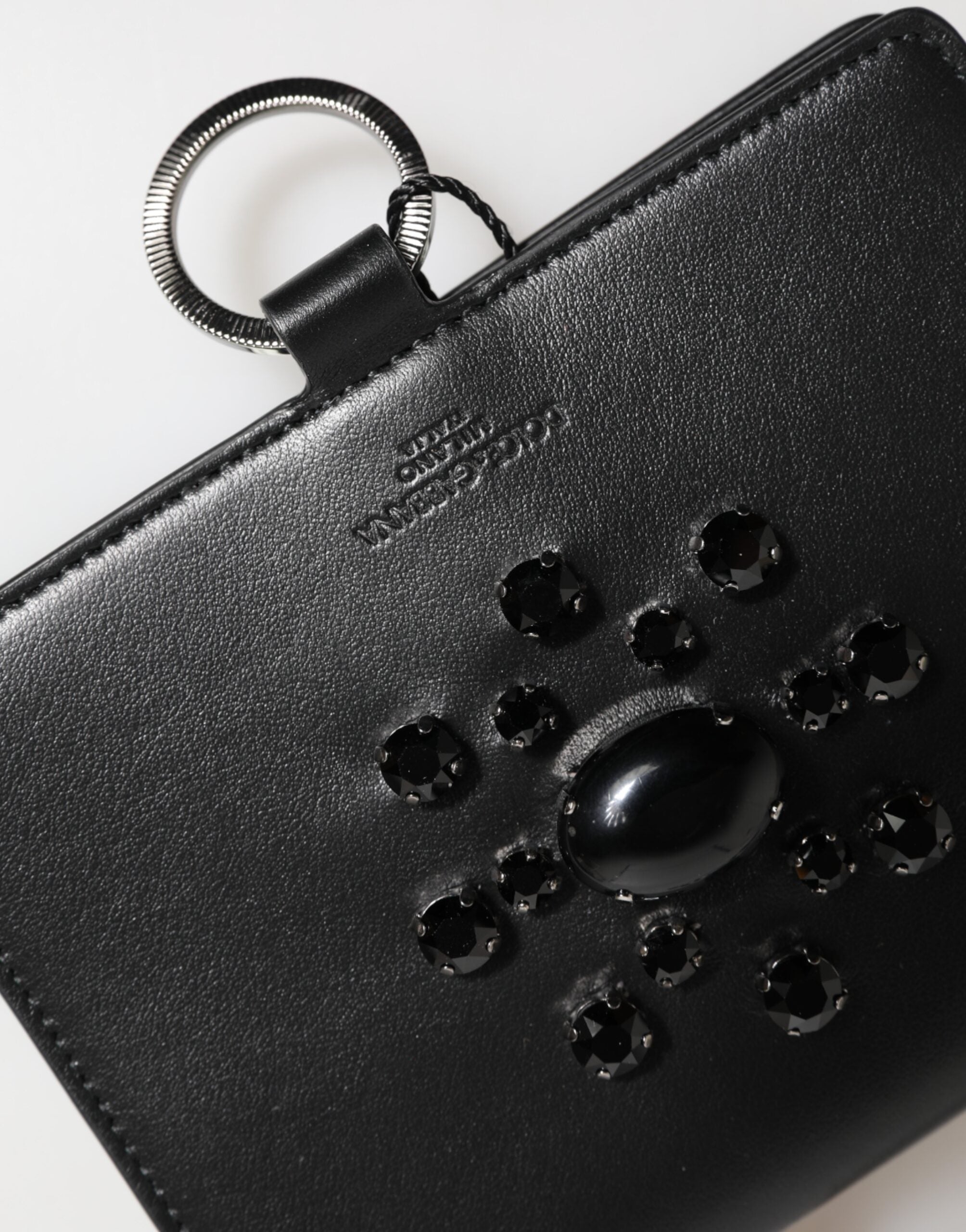 New Dolce & Gabbana Black Leather Crystal Embellished Card Holder Wallet