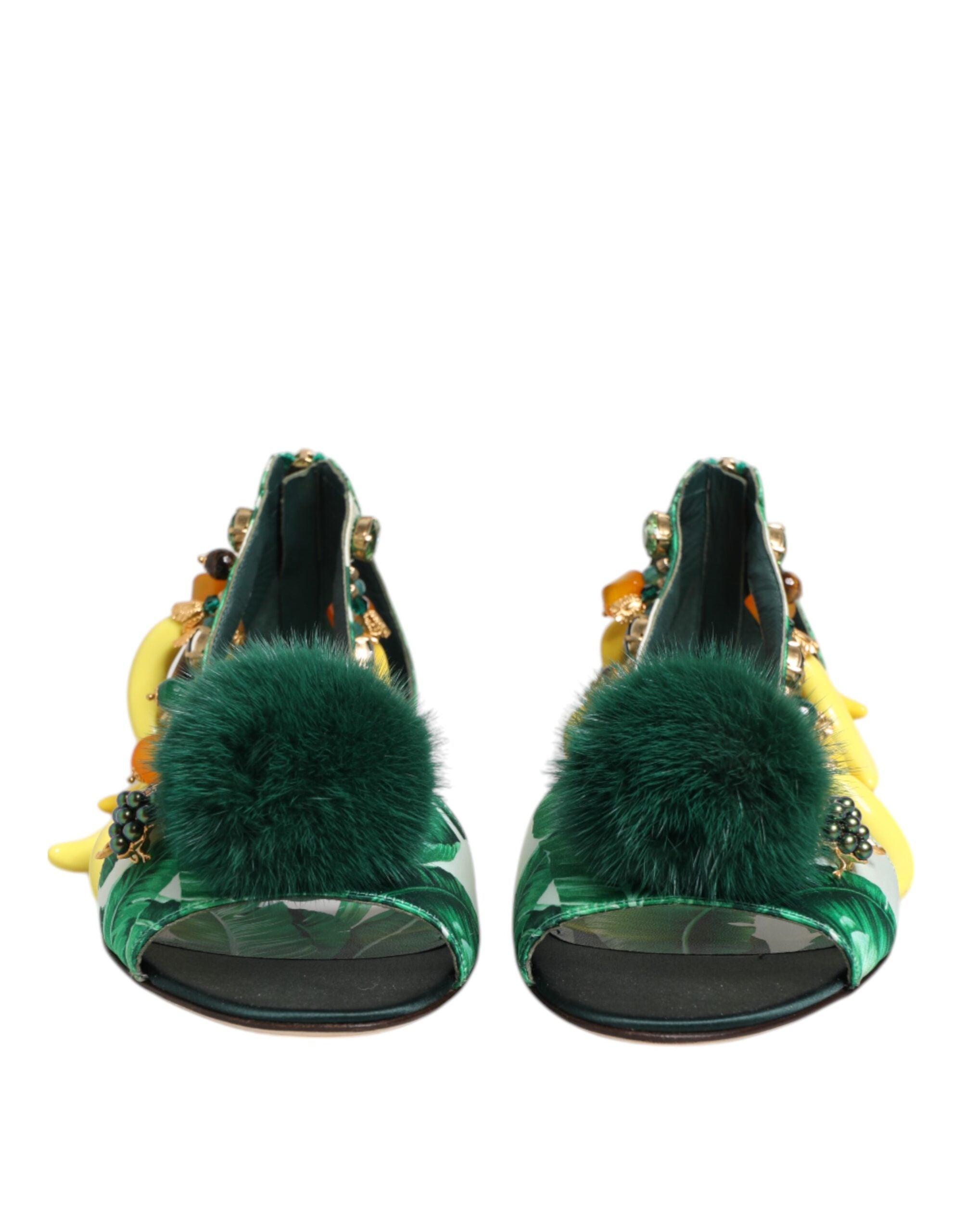 New Dolce & Gabbana Green Mink Fur Satin Banana Leaf Sandals Shoes