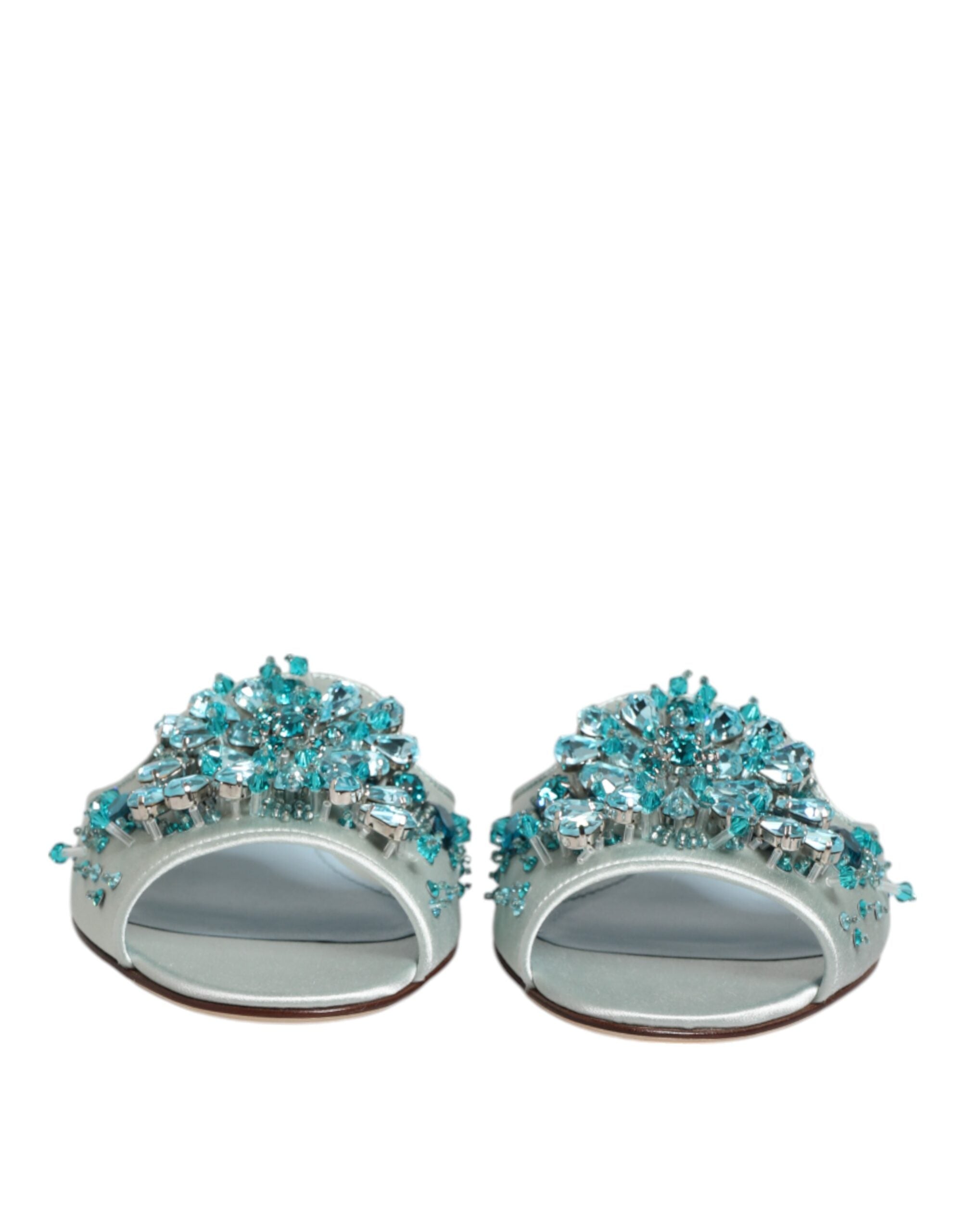 New Dolce & Gabbana Silver Blue Leather Bead Embellish Slide Shoes