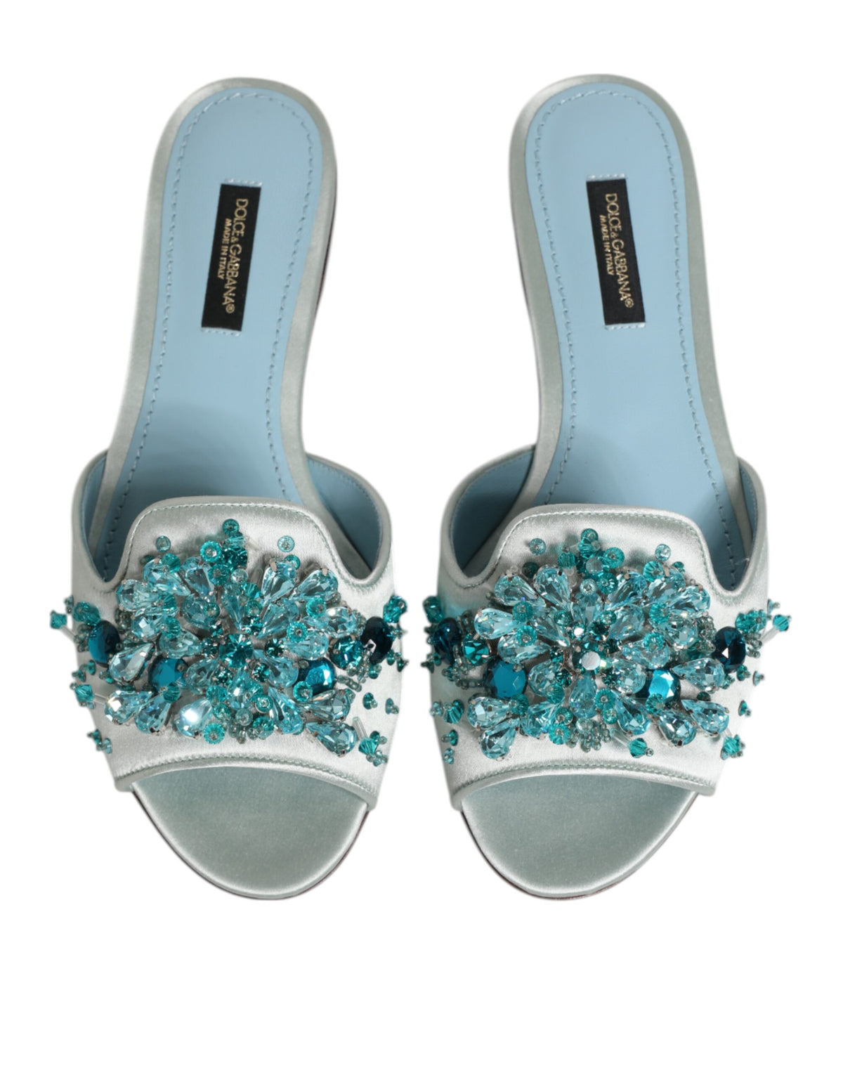 New Dolce & Gabbana Silver Blue Leather Bead Embellish Slide Shoes