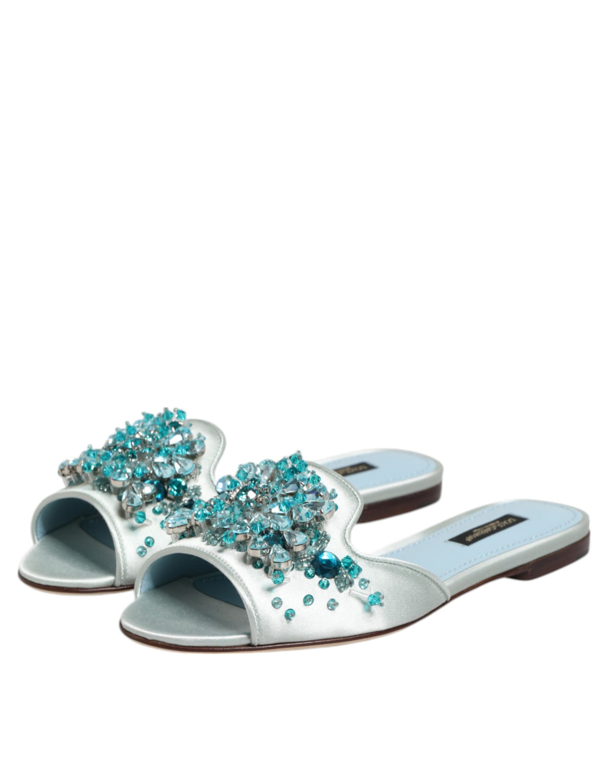 New Dolce & Gabbana Silver Blue Leather Bead Embellish Slide Shoes