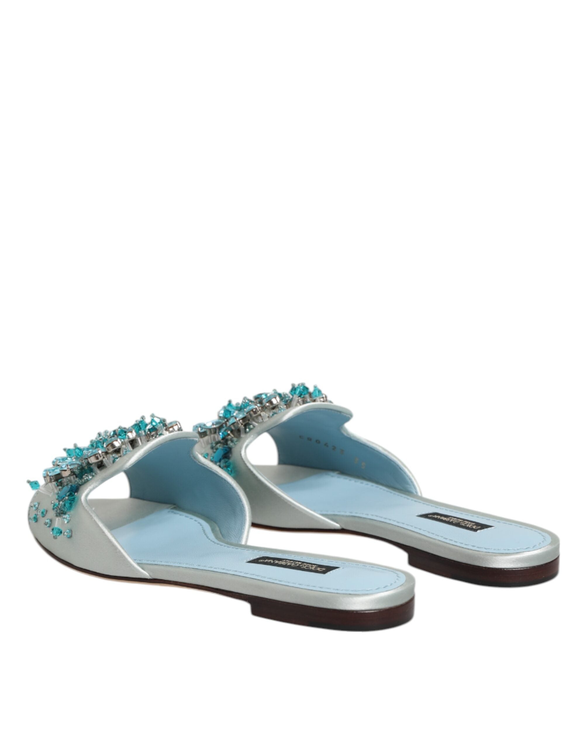 New Dolce & Gabbana Silver Blue Leather Bead Embellish Slide Shoes