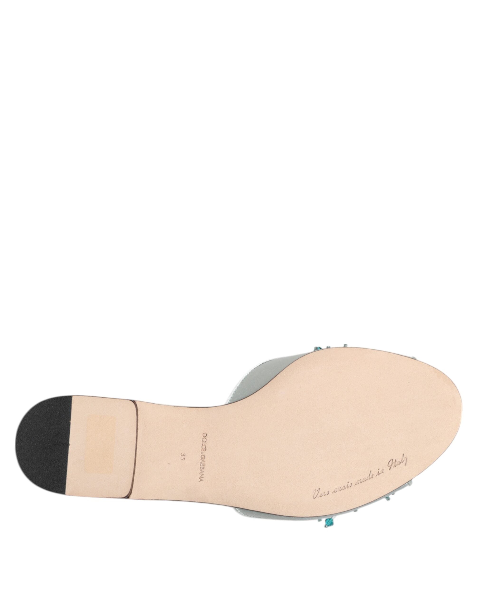 New Dolce & Gabbana Silver Blue Leather Bead Embellish Slide Shoes