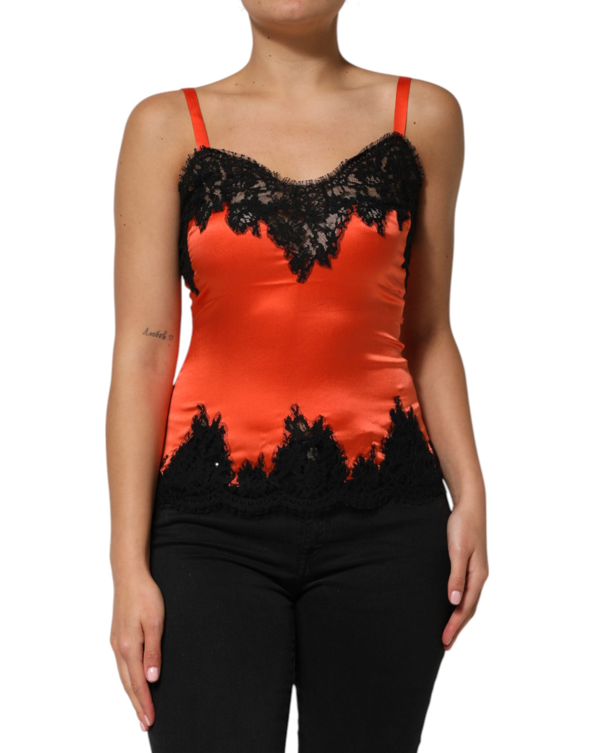 New Dolce & Gabbana Red Black Lace Trim Silk Sleeveless Tank Top