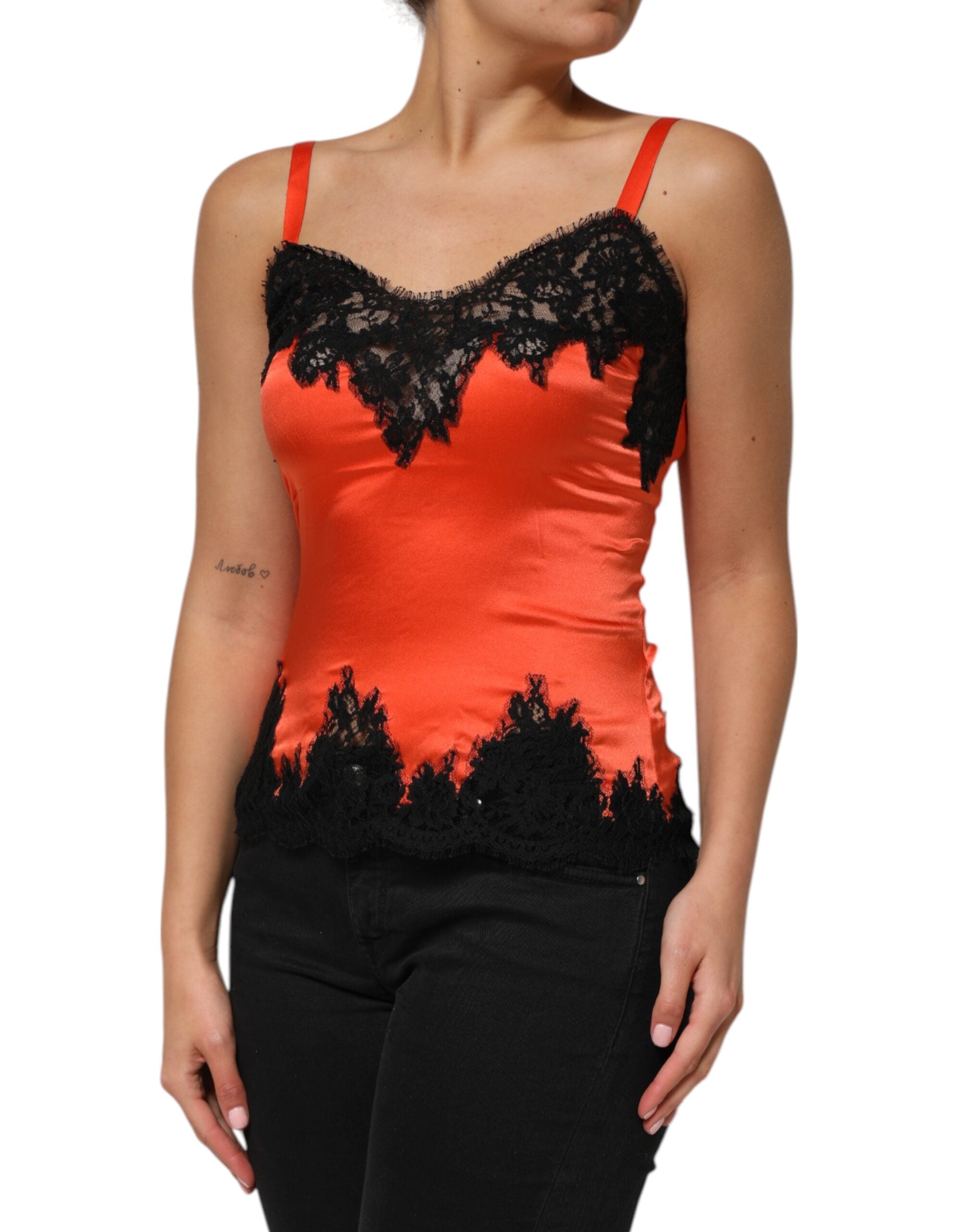 New Dolce & Gabbana Red Black Lace Trim Silk Sleeveless Tank Top