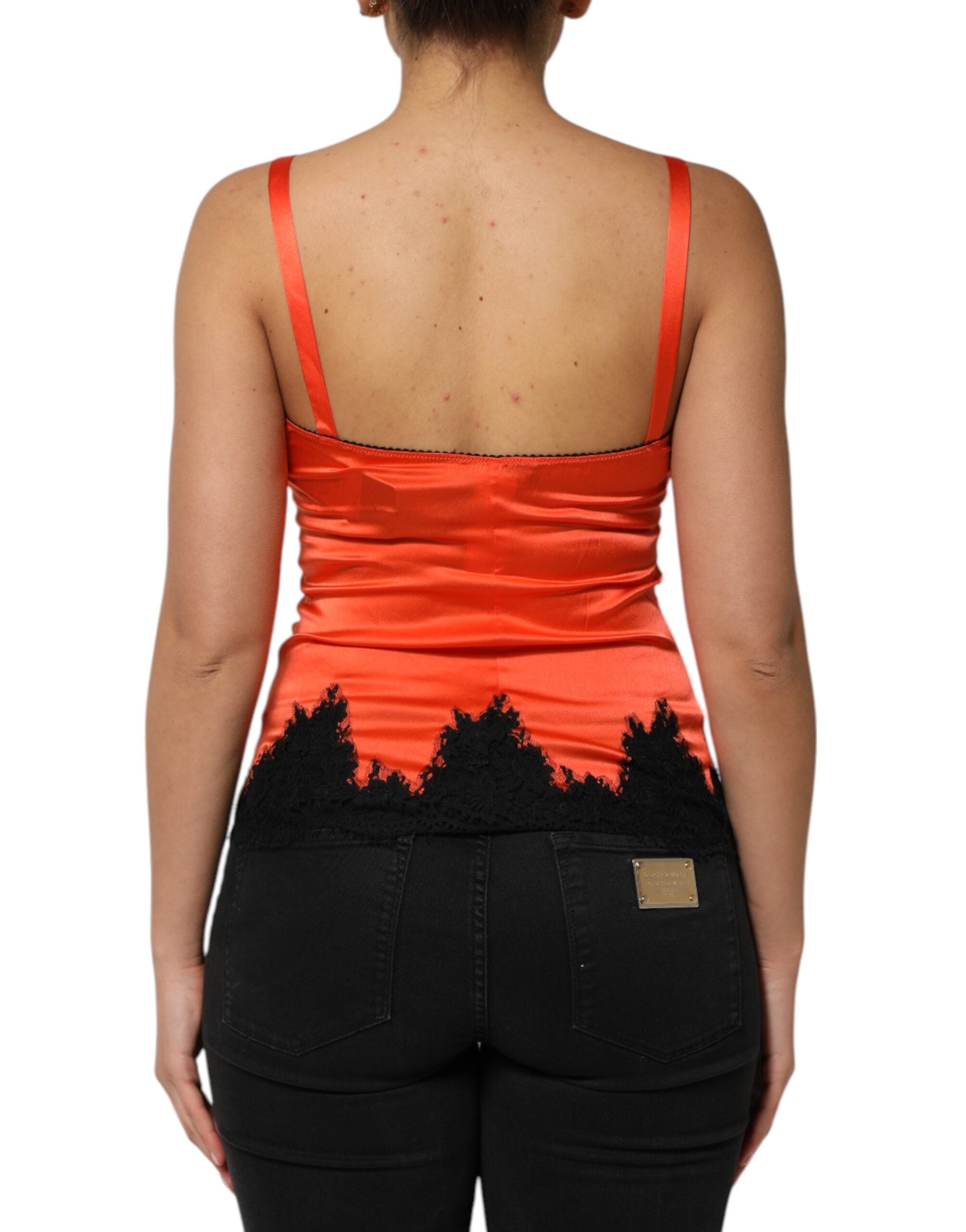 New Dolce & Gabbana Red Black Lace Trim Silk Sleeveless Tank Top