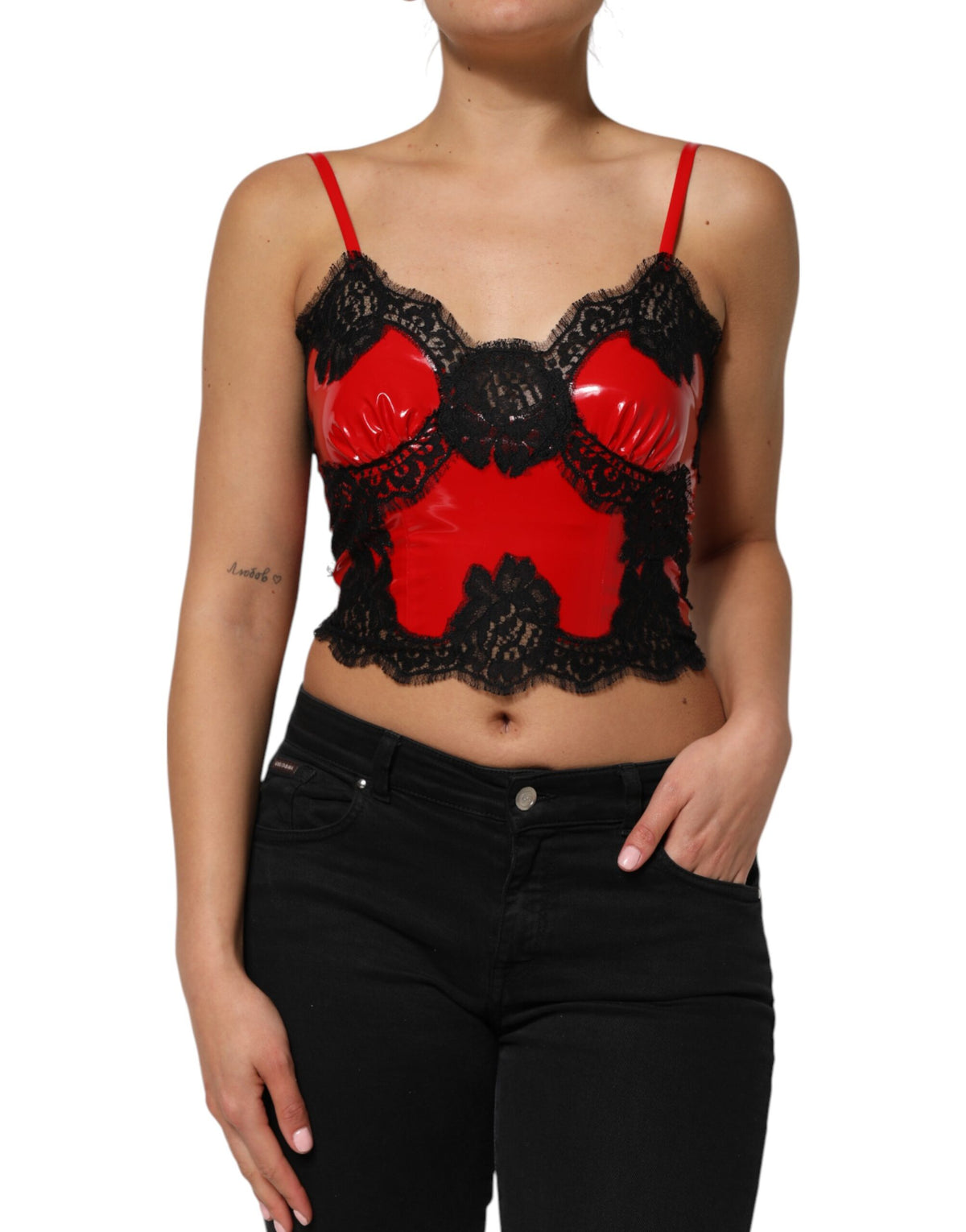 New Dolce & Gabbana Red Black Lace Trim Sleeveless Tank Top