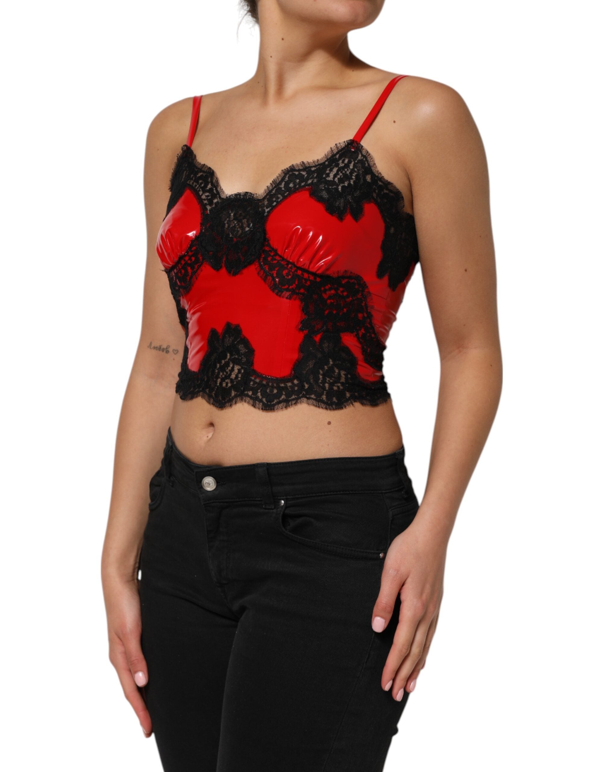 New Dolce & Gabbana Red Black Lace Trim Sleeveless Tank Top