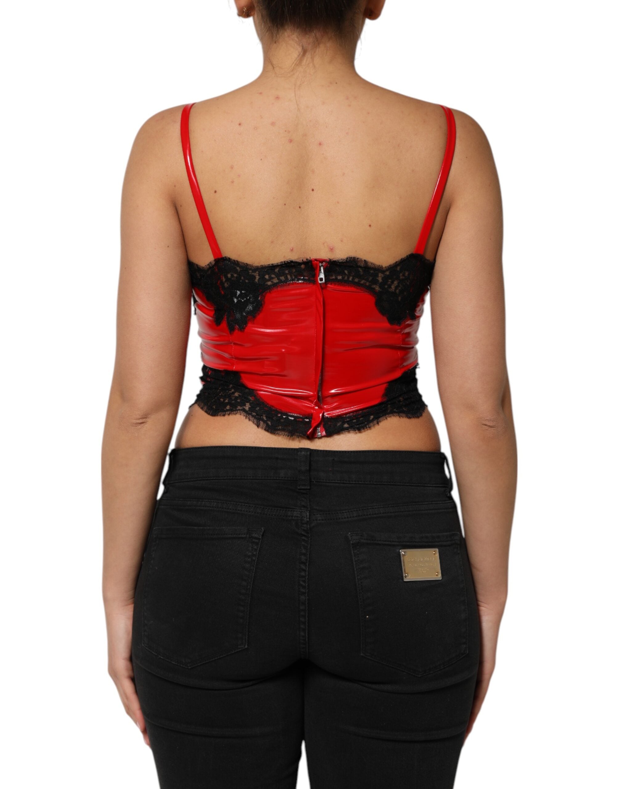 New Dolce & Gabbana Red Black Lace Trim Sleeveless Tank Top