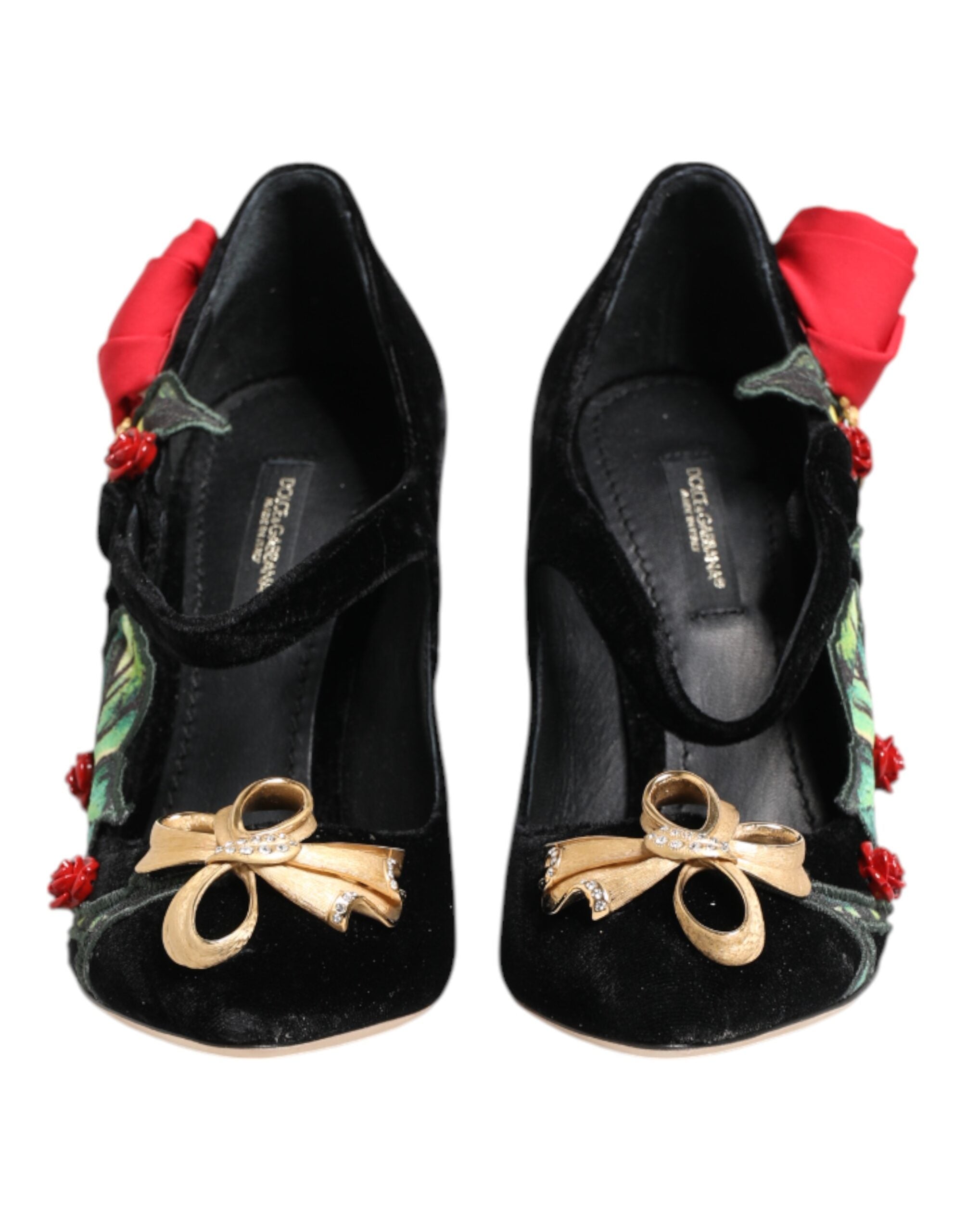 New Dolce & Gabbana Black Roses Crystal Brooch Mary Jane Shoes
