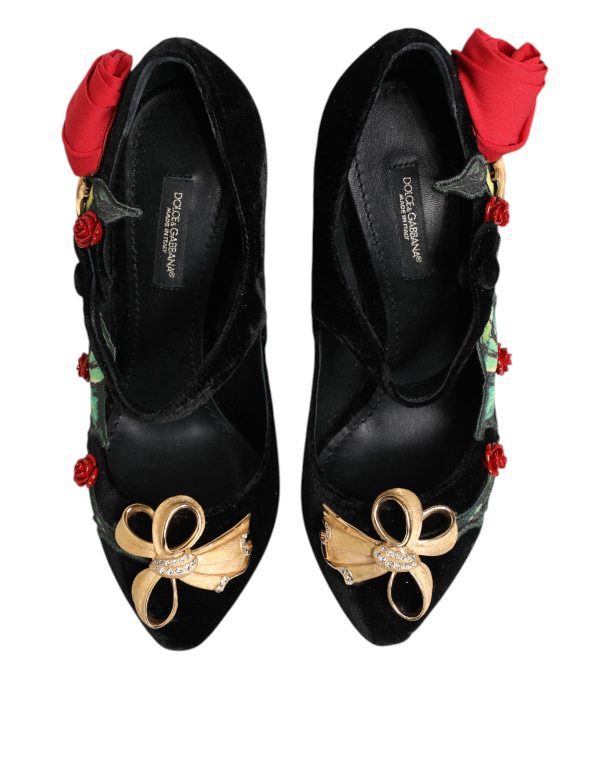 New Dolce & Gabbana Black Roses Crystal Brooch Mary Jane Shoes