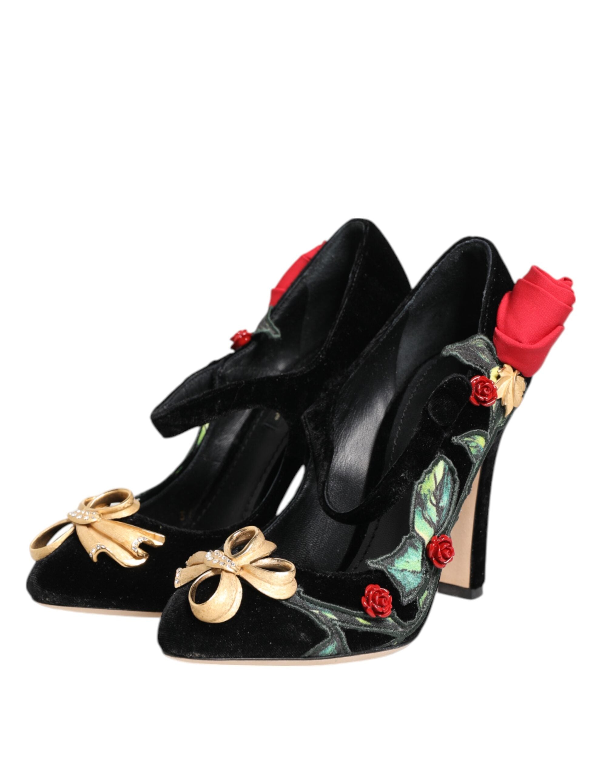 New Dolce & Gabbana Black Roses Crystal Brooch Mary Jane Shoes
