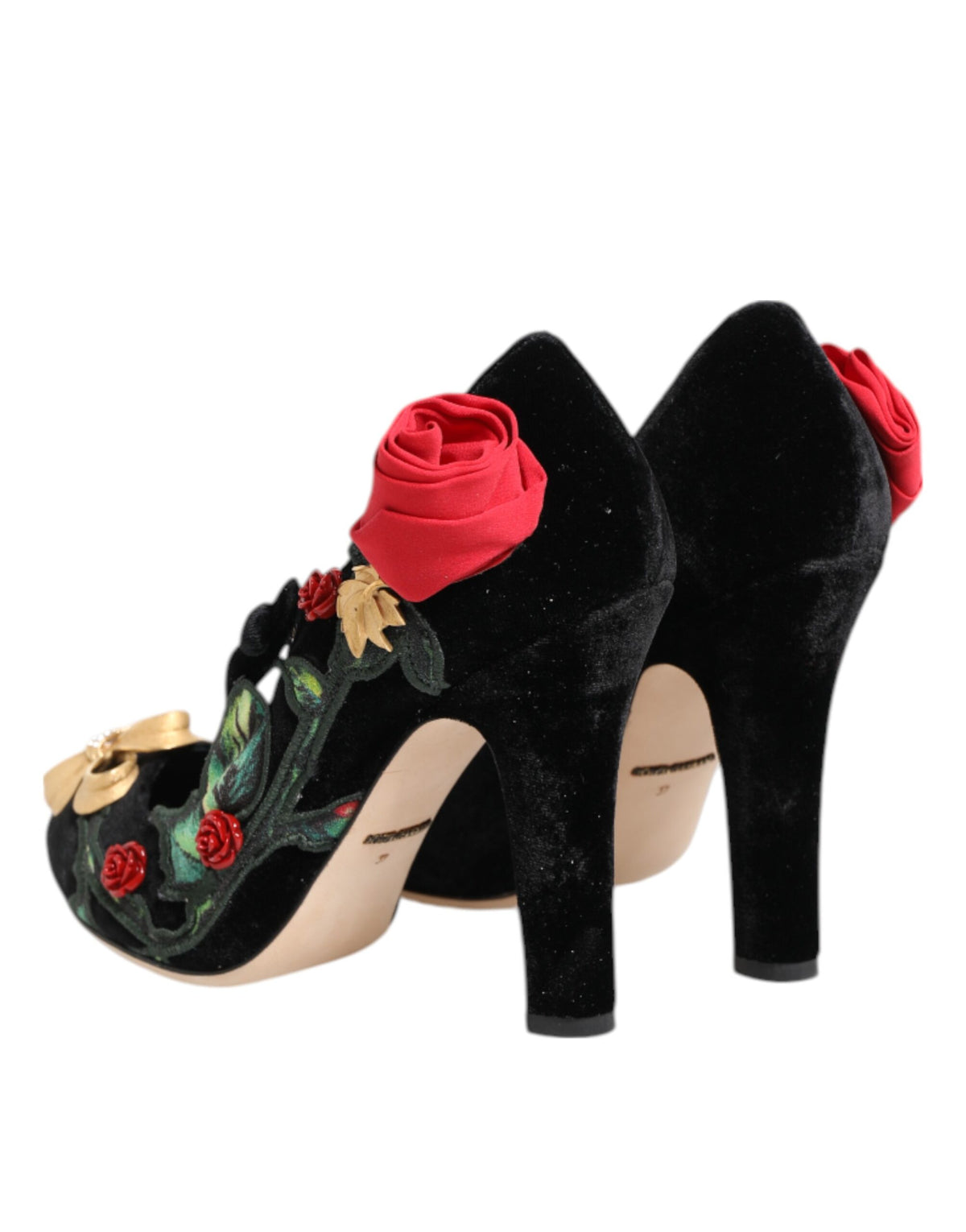 New Dolce & Gabbana Black Roses Crystal Brooch Mary Jane Shoes