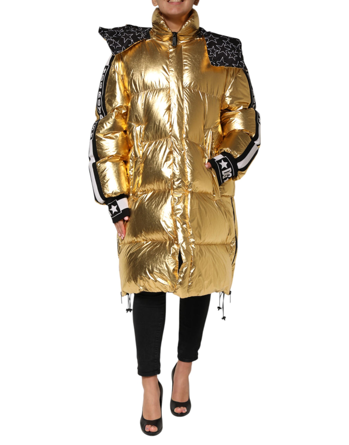 New Dolce & Gabbana Gold Hooded Puffer Quilted Full Zip Jacket