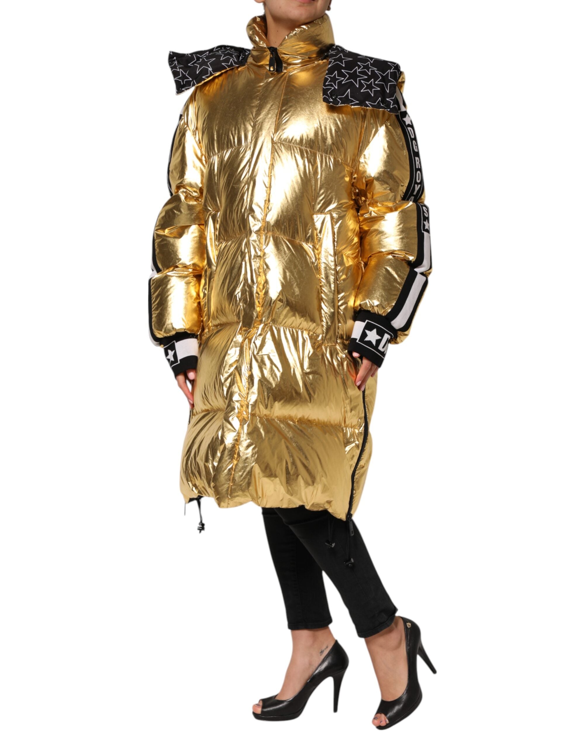 New Dolce & Gabbana Gold Hooded Puffer Quilted Full Zip Jacket