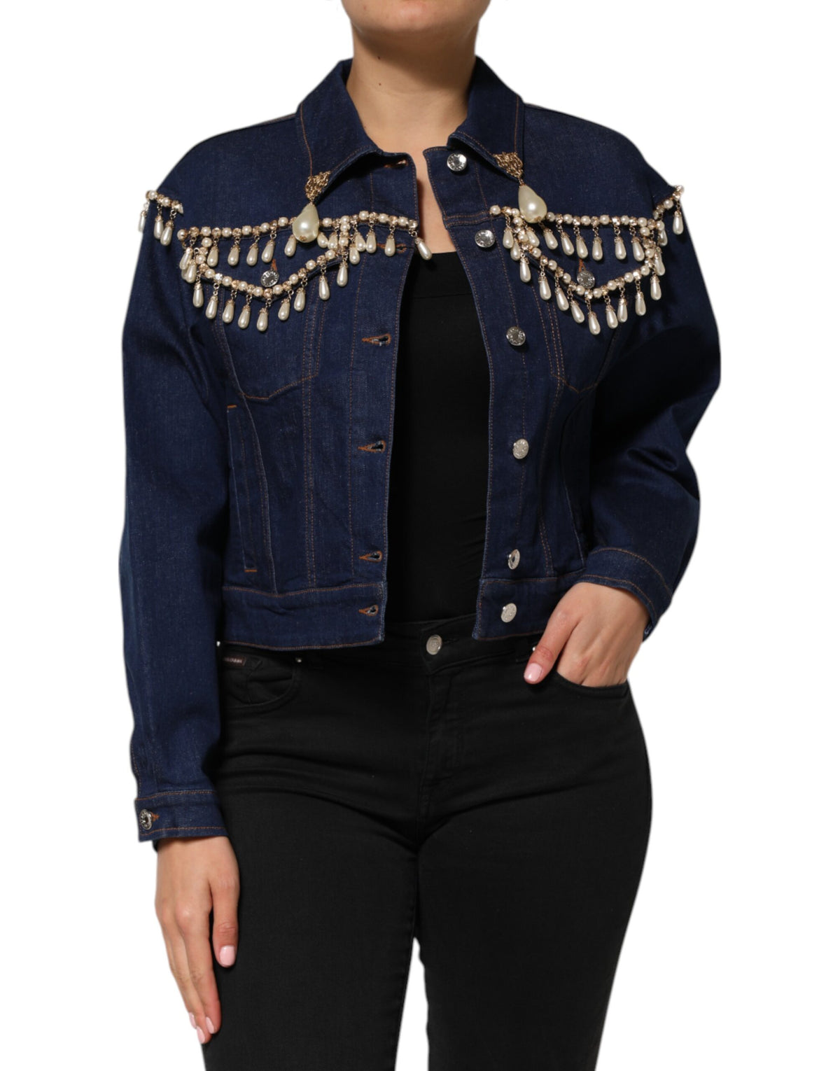 New Dolce & Gabbana Blue Cotton Denim Crystal Embellished Jacket