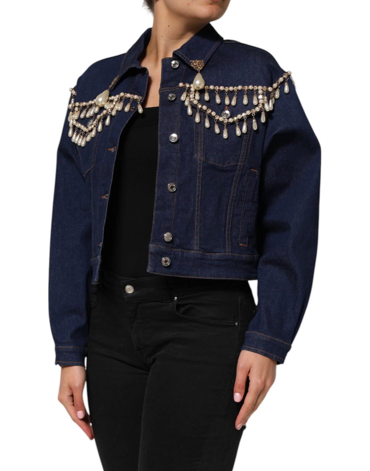 New Dolce & Gabbana Blue Cotton Denim Crystal Embellished Jacket